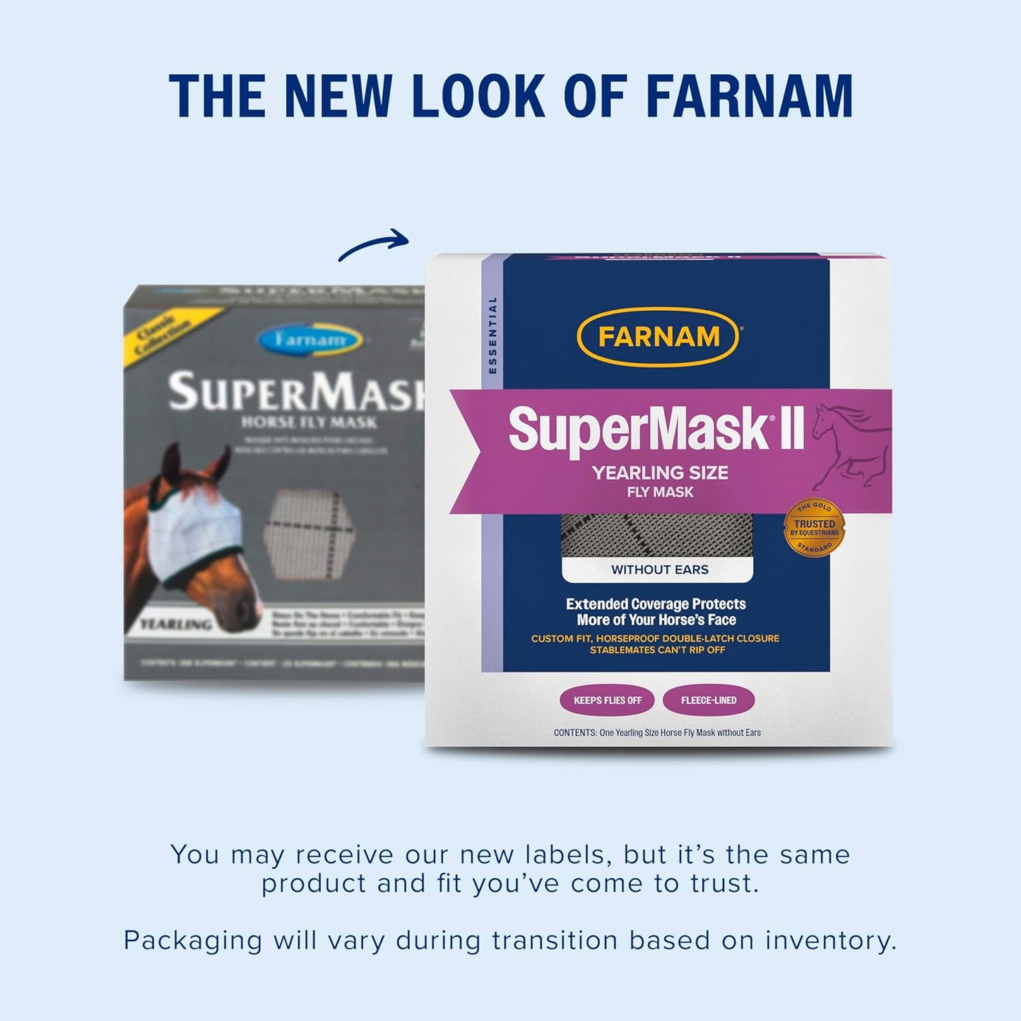Farnam SuperMask II horse fly mask without ears, extended coverage, protects eyes from insects and debris, adjustable throat latch, Yearling size