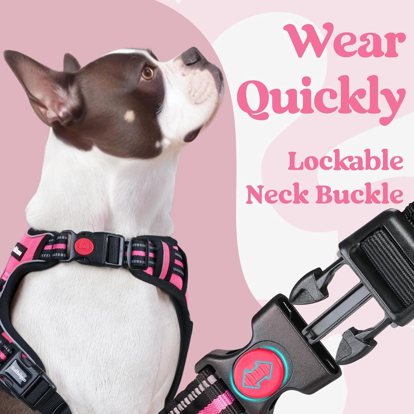 rabbitgoo Dog Harness Medium Sized, No Pull Pet Harness with 3 Buckles, Adjustable Soft Padded Vest with Control Handle, Walking Reflective Pet Vest for Medium Dogs, Rose Pink, M