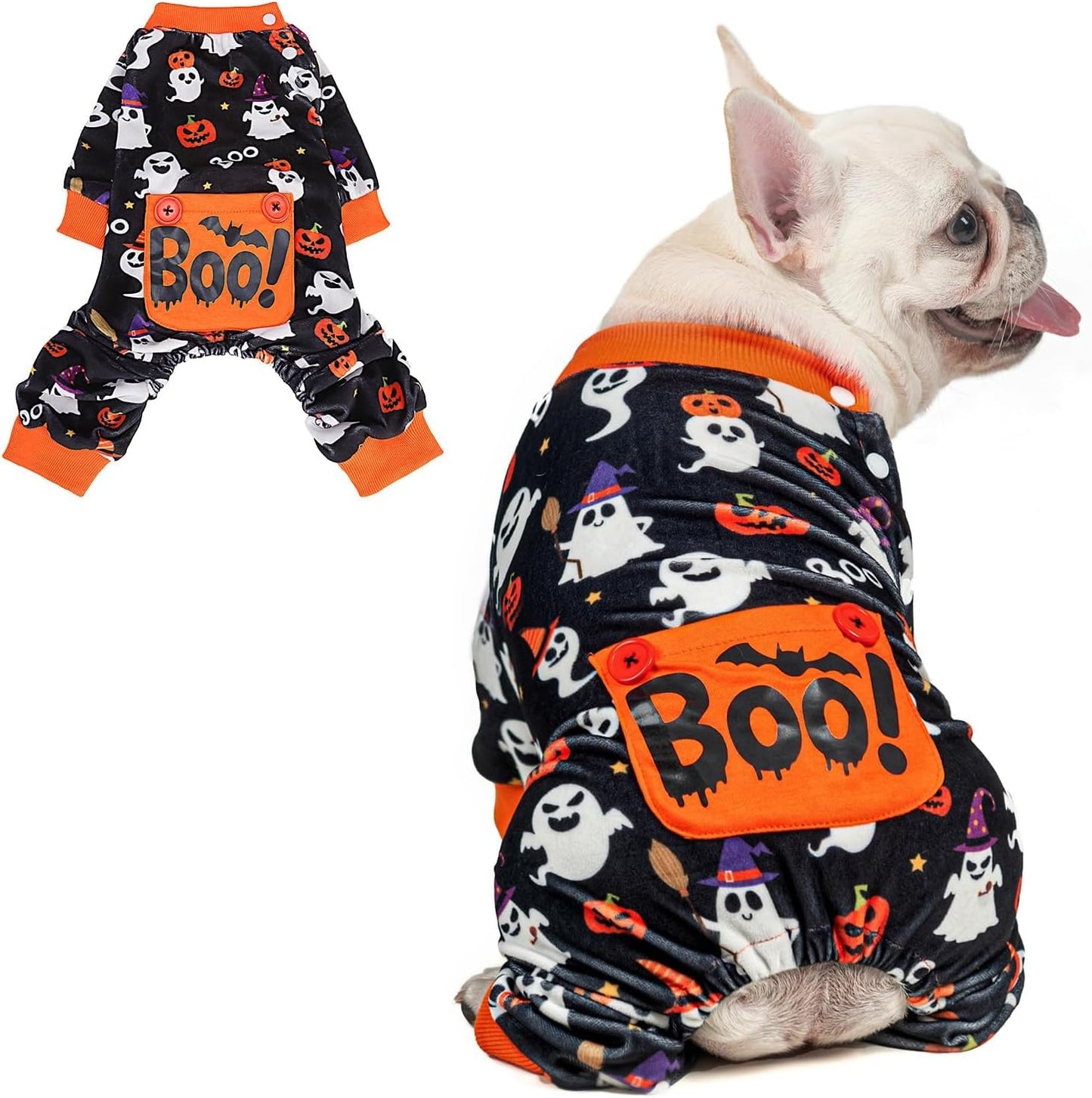 BEAUTYZOO Dog Halloween Pajamas Medium Size Dog, Fleece Funny Ghost Pumpkin Costumes for Dogs, Soft Stretchable Doggy Onesie with Feet, Pet Apparel Clothes for Medium Dogs Boy Girl, Black M