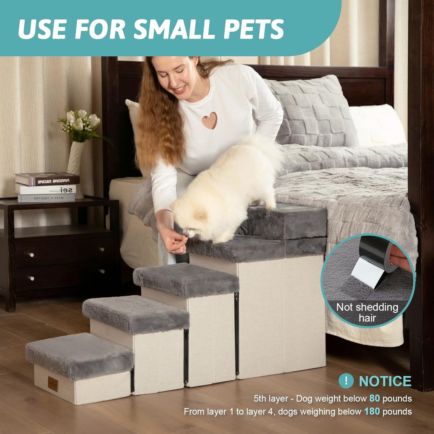 Dog Stair for Small Dogs with Storage, Foldable Pet Step with Soft Cover, Older Cat Ramp for Chair Couch Sofa, Lightweight, Durable, Comfort, 39.7x13x21.2 inch, 5 Tiers, Grey