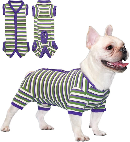 TONY HOBY Dog Pajamas, Knitted Dog Jumpsuit Shirt in Cold Weather, Dogs Surgical Recovery Suit for Small Medium Dogs (Purple&Green, Boy, L)