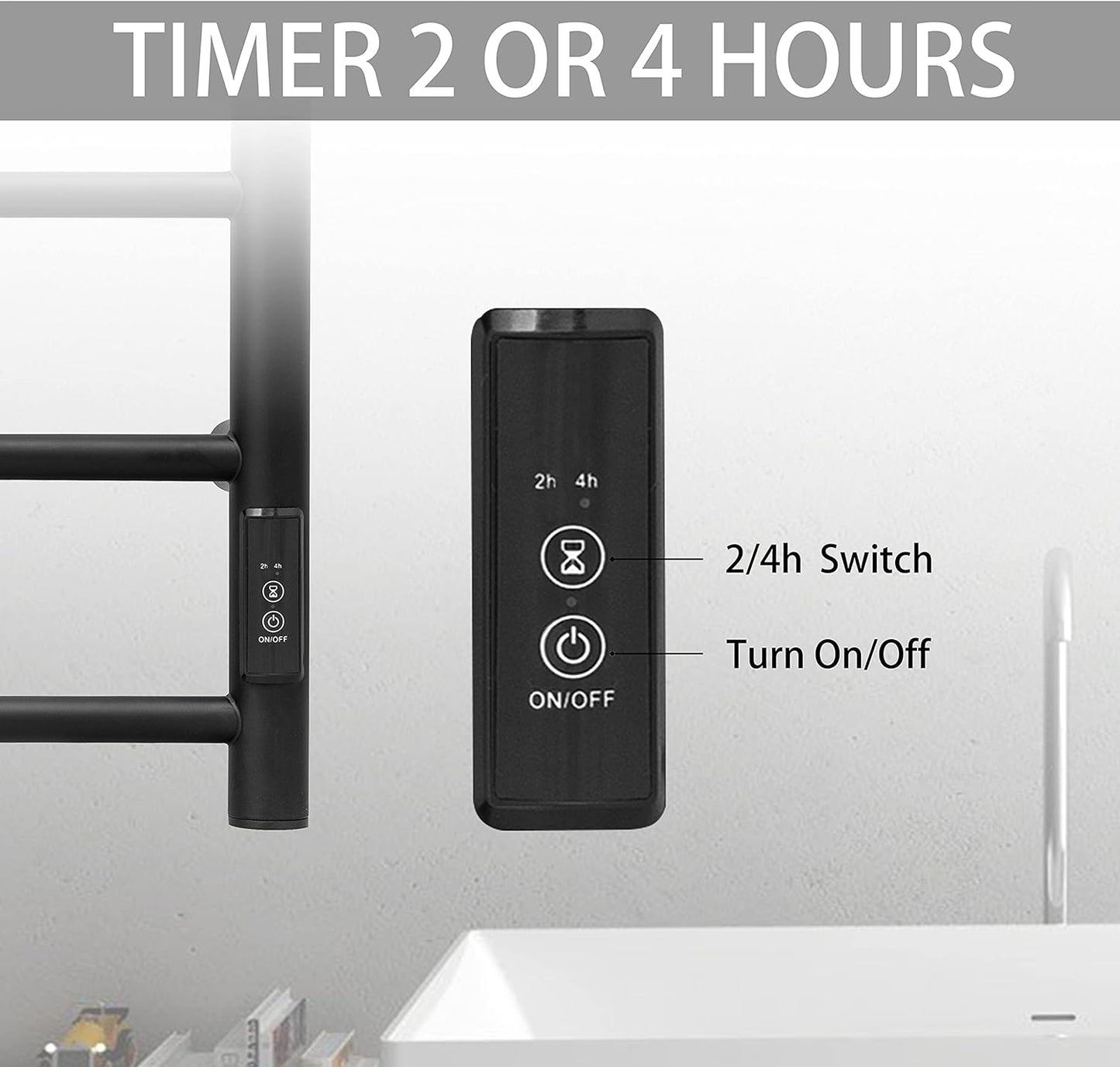 KEG Towel Warmer Wall Mounted with Built-in Timer 4 Bars Electric Stainless Steel Heated Towel Racks for Bathroom, Hot Plug-in Bath Towel Heater Matte Black