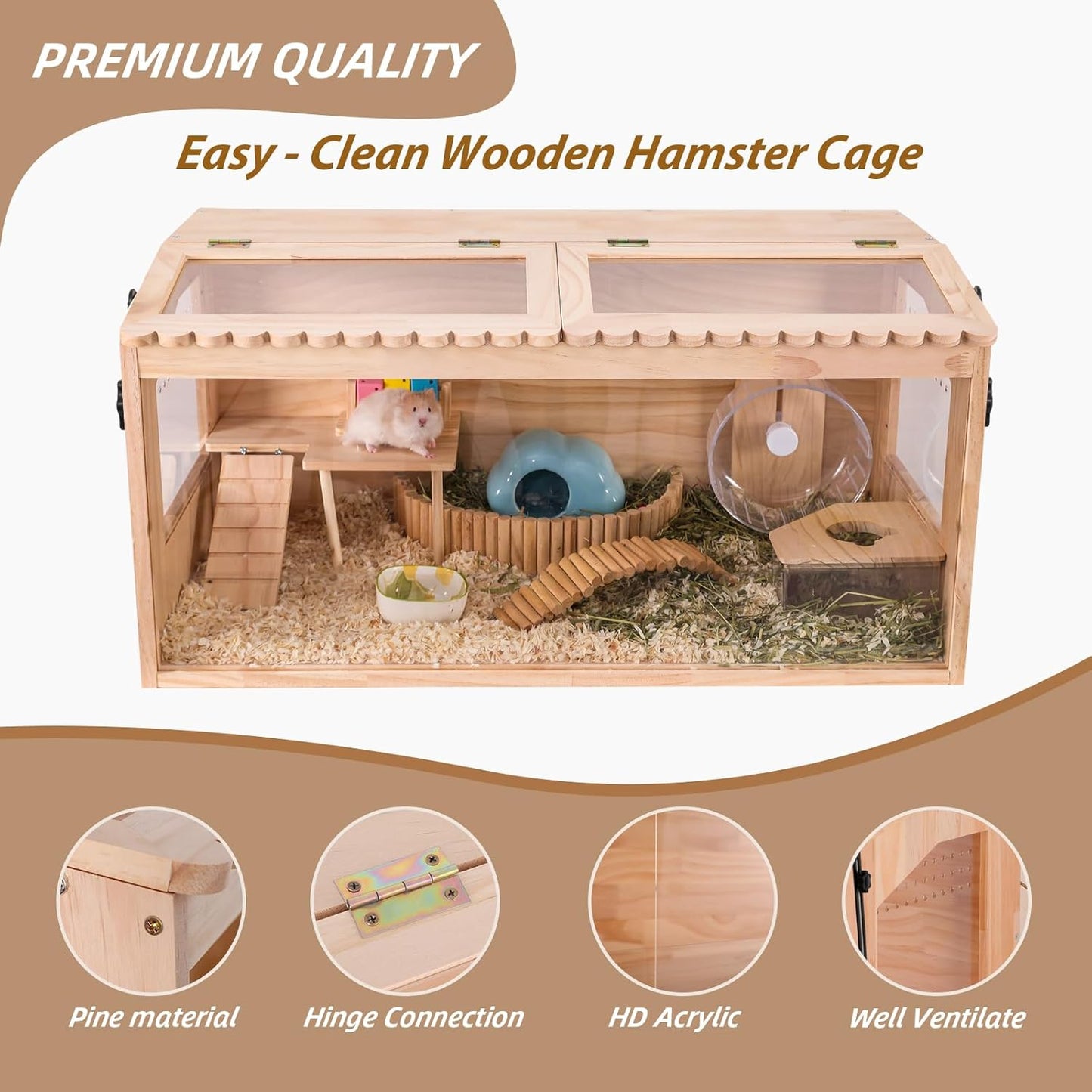 Wooden Hamster Cages and Habitats, 40"x20"x20" Guinea Pig Cage, Small Animal Cage for Dwarf Syrian Hamsters Degus Mice & Other Small Pets. Big Hamster Habitat with 2 Adjustable skylights.