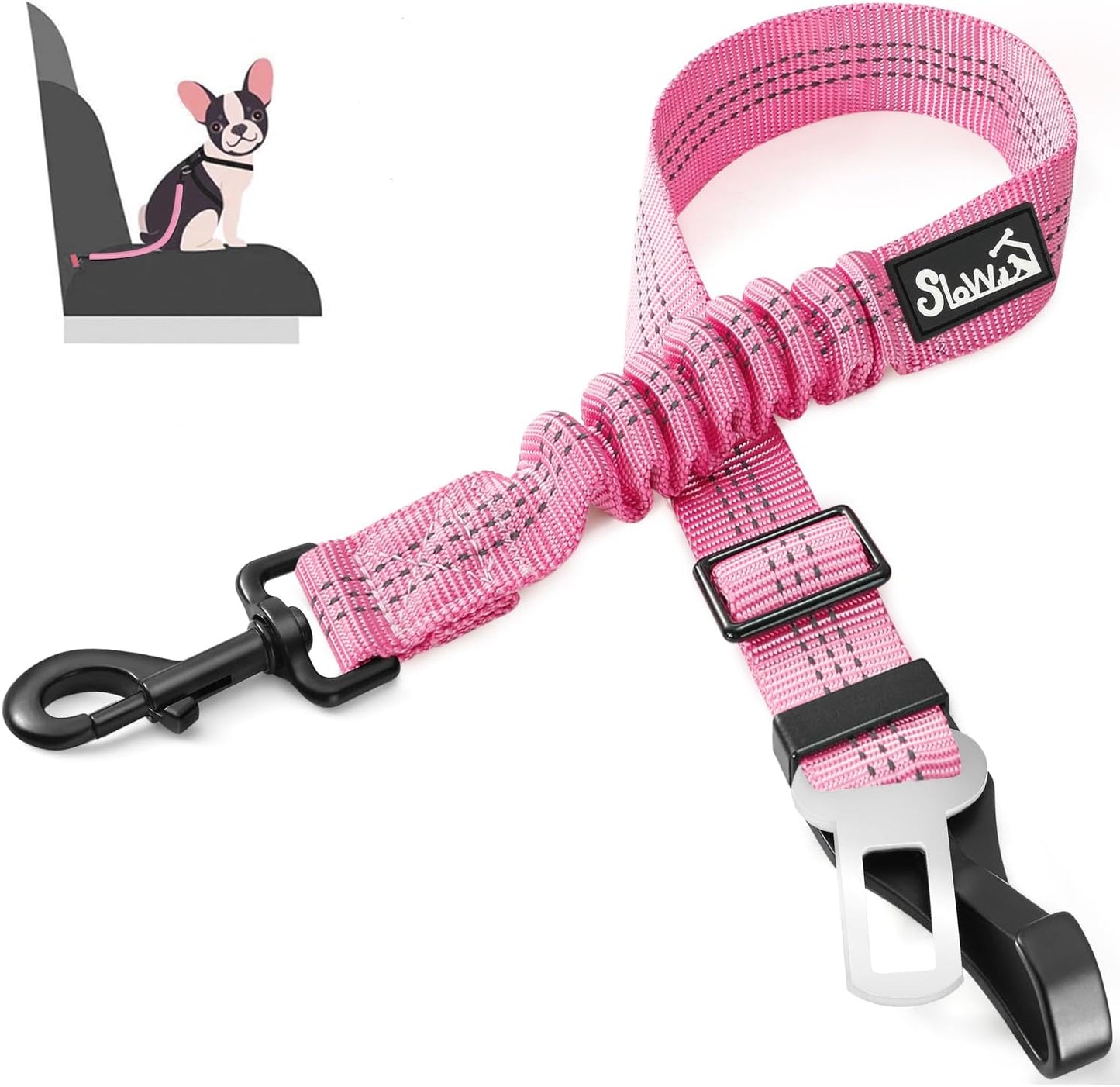 SlowTon Dog Seat Belt, Adjustable Dog Safety Belt Leash, 2 in 1 Latch Bar Attachment Dog Car Seatbelt with Elastic Nylon Bungee Buffer, Reflective Nylon Belt Tether Connect to Dog Harness (Pink)