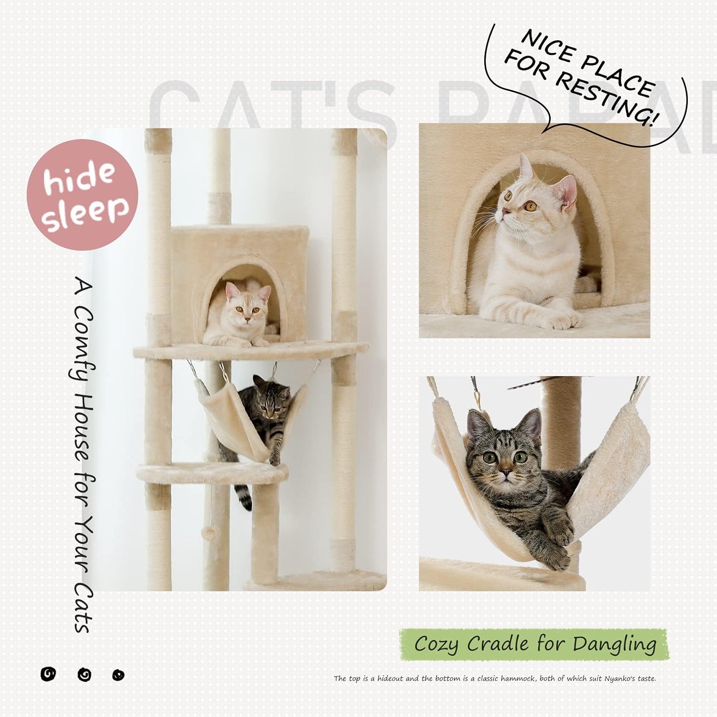 PEQULTI Floor to Ceiling Cat Tree 92.9’’-101.6’’ Height Adjustable Cat Tower Tall Kitty Climbing Play House with Scratching Posts, Cozy Condo, Perches and Large Hammock for Indoor Cats Beige