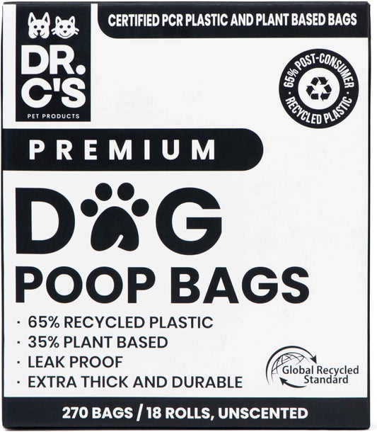 Certified 65% PCR (Post Consumer Recycled) Plastic and 35% Plant Based Dog Poop Bags - Dr. C's Premium Dog Poop Bags - 270 Bags / 18 Rolls, Extra thick, Leak Proof, Unscented, Earth Friendly