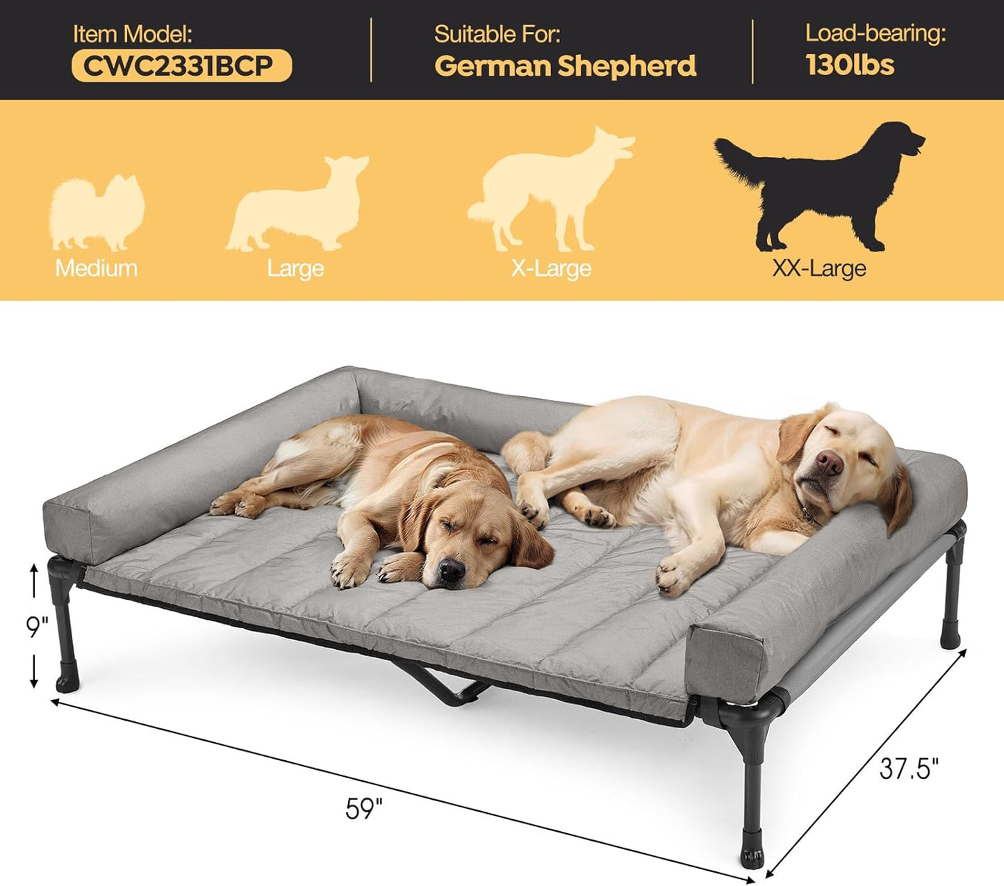 Veehoo Cooling Elevated Dog Bed Add Removable Waterproof Bolster Cushion Mat, Raised Pet Cot with Breathable Teslin Mesh, No-Slip Feet, Dog Couch Bed for Indoor Outdoor, 59x37.5inches, Grey, CWC2331B