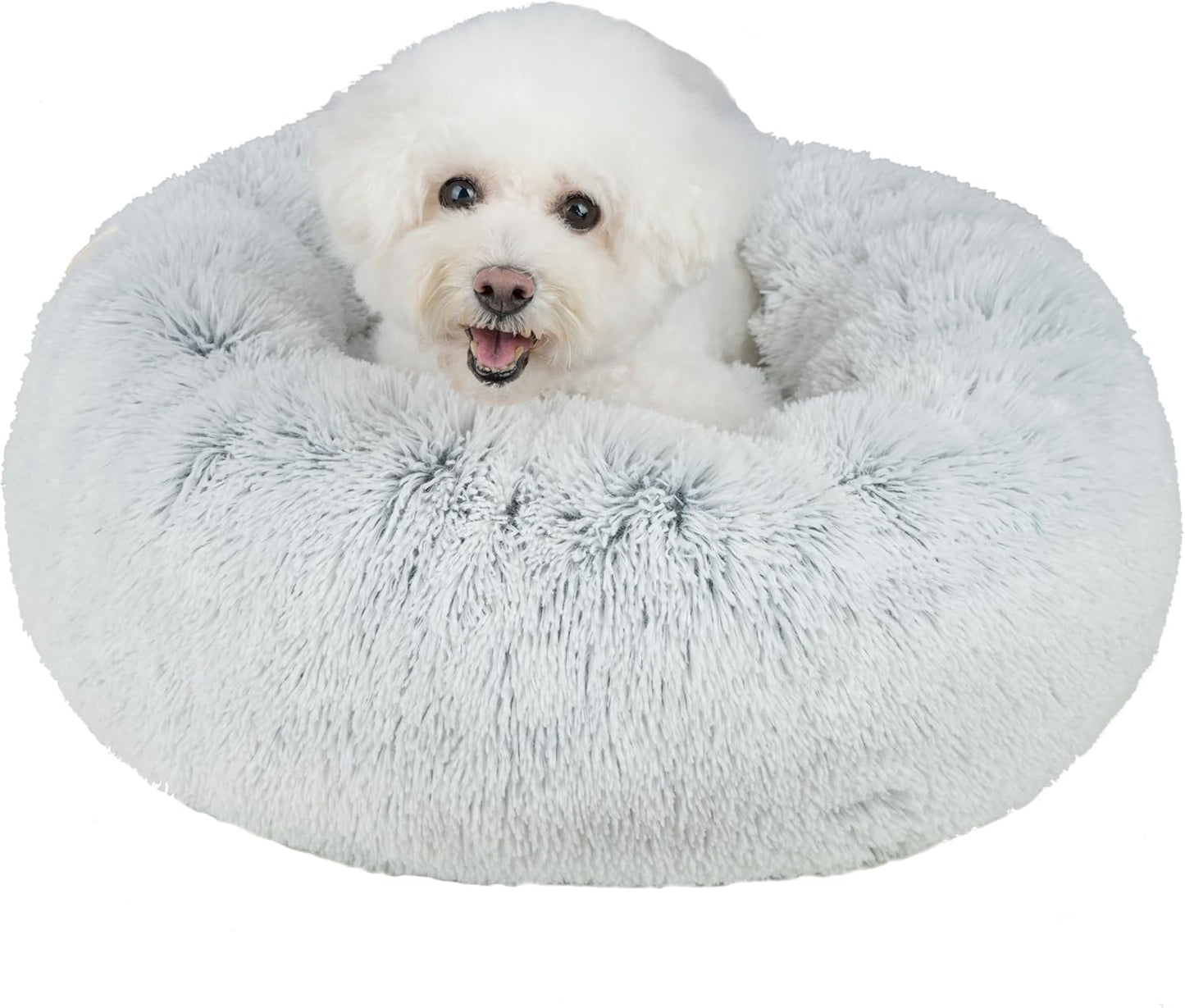 Best Pet Supplies Round Donut Dog Bed with Plush Faux Fur Fabric, Calming, Anti-Anxiety Cushion for Indoor Pets, Slip-Resistant Base, Soft Ergonomic Support - Light Warm Gray, 30x30x8''