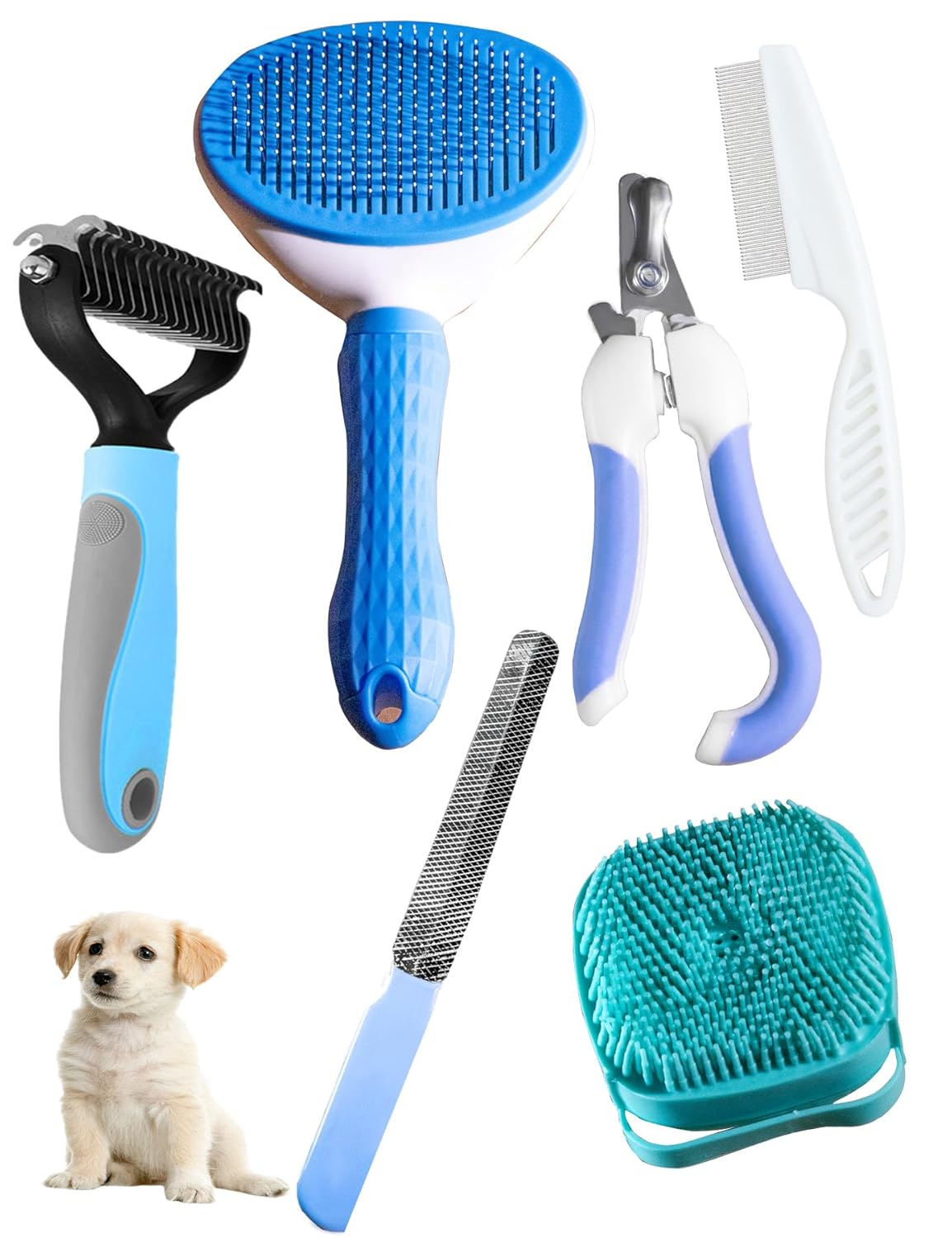 6ps Dog Cat Brush Grooming Kitf, Dog Cat Brushes, Bath Brush, Dematting Rake and Comb, Nail Clipper, Nail File, Flea Comb (Blue 6 Kits)