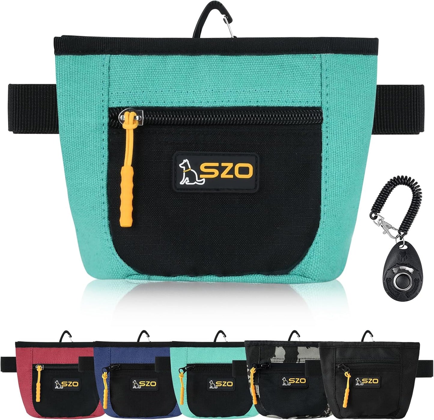 SZO Dog Treat Pouch with Pet Training Clicker, Dog Training Treat Pouch with Waist Belt Clip, Magnetic Closure, Hands-Free Training - Black&Green