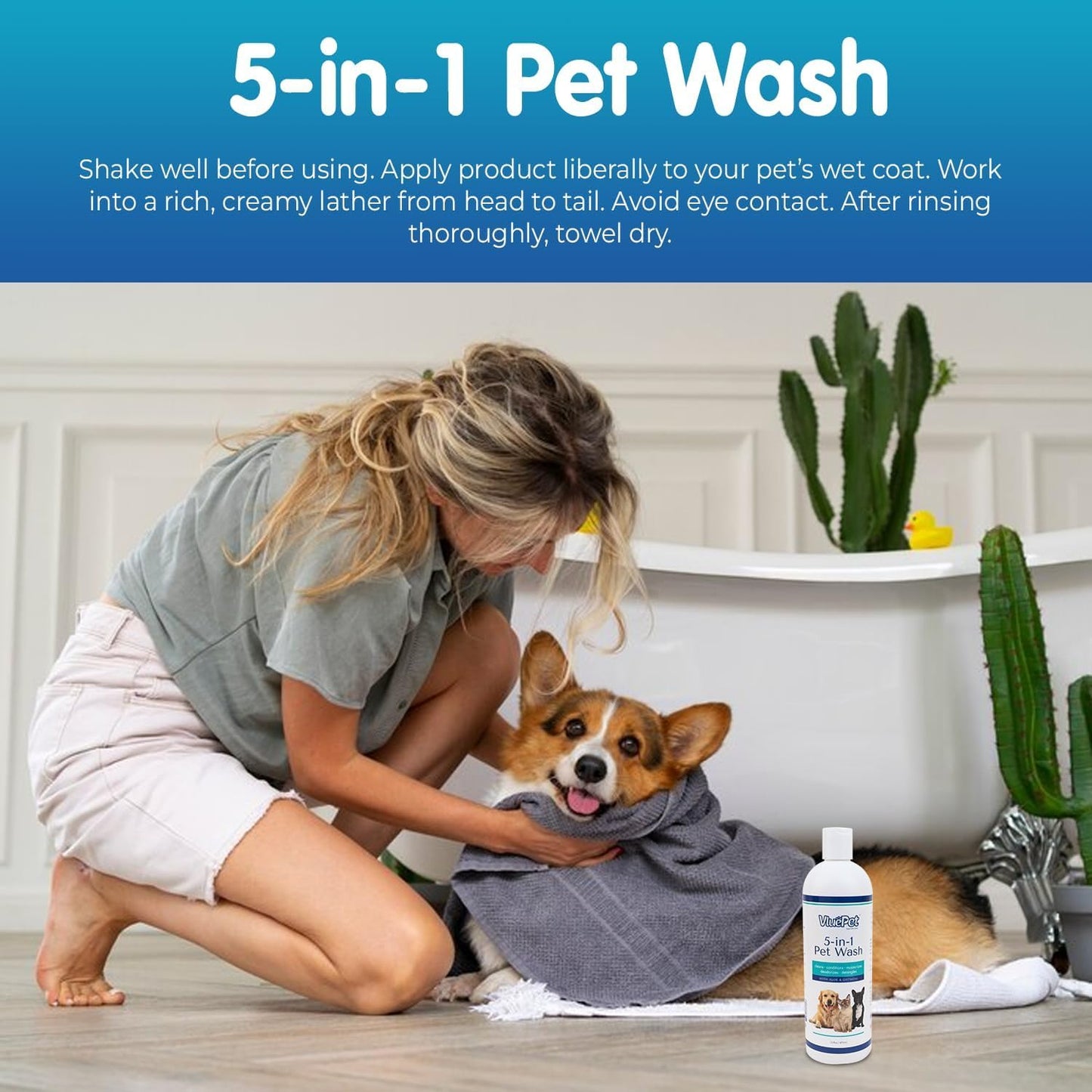 VLUEPET | Pet Wash - Gentle Solution for Cleans, Conditions, Deodorizes, Detangles and Hair Moisturizes with Oatmeal & Aloe Formula- Itchy Skin Relief- Sulfate Free, Plant Based, All Natural- 16 fl oz