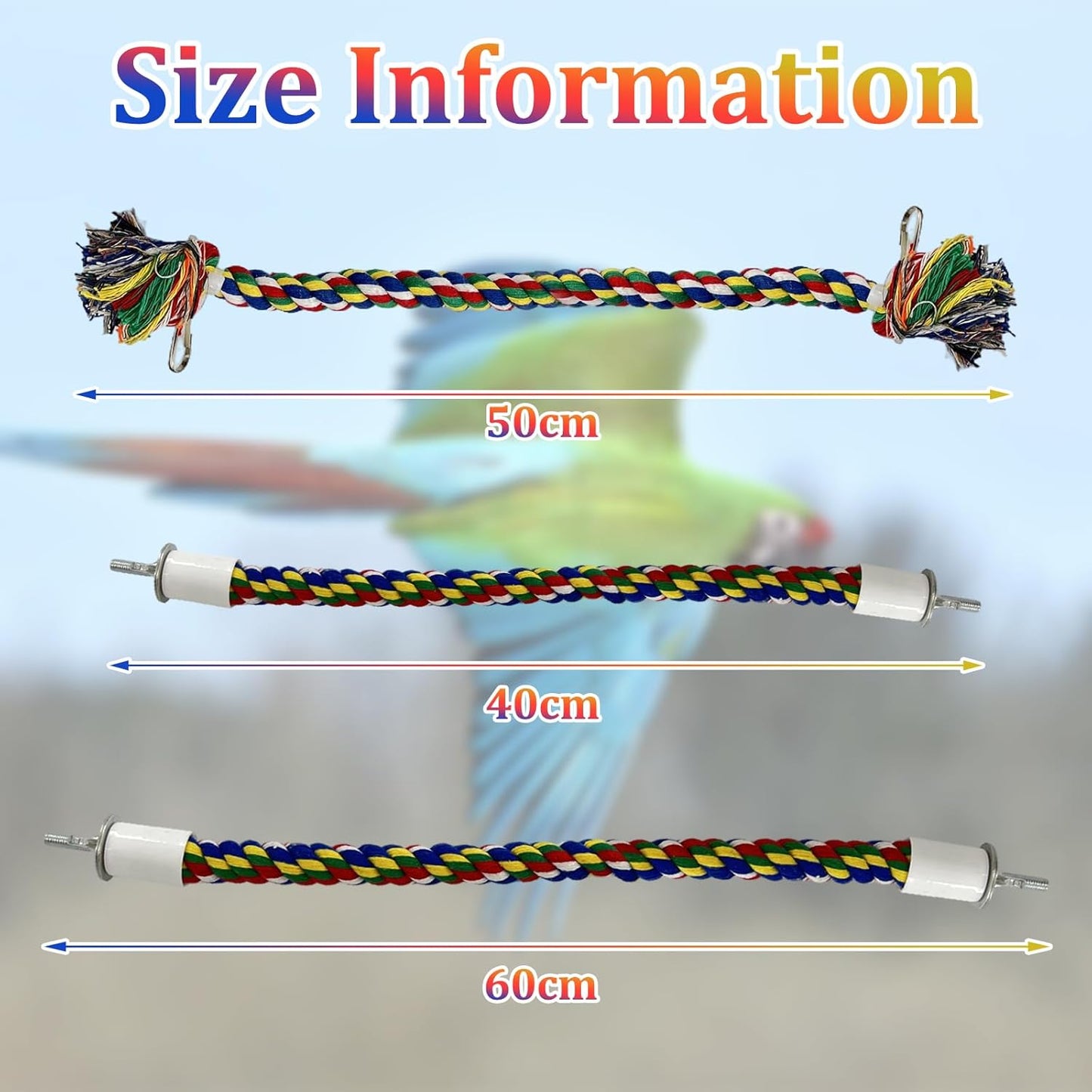 3 Pcs Bird Perch Cage Accessories Perches for Rope Cages Colorful Parrot Ropebird Flexible Parrot Toys (Large + Small) Double-Head Screw Type * 1 + Hook Cotton Rope Type * 1