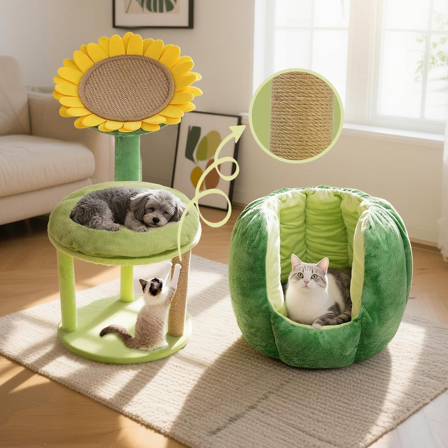 Cat Houses for Indoor Cats, Small Cat Tree with Sisal Mat and Plush Perch, Cute Cat Bed Cave with Soft Pillow, Sunflower Design