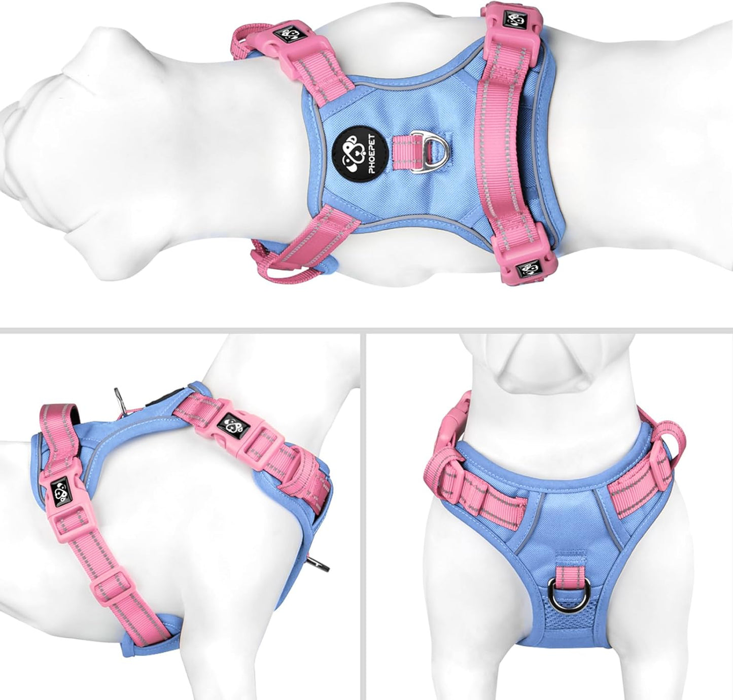 PHOEPET No Pull Dog Harness, Unique Colors Reflective Adjustable Dog Vest, with Soft Training Handle Metal Clips for Small Medium Large Dogs (Baby Blue Base & Pink Straps,XL)