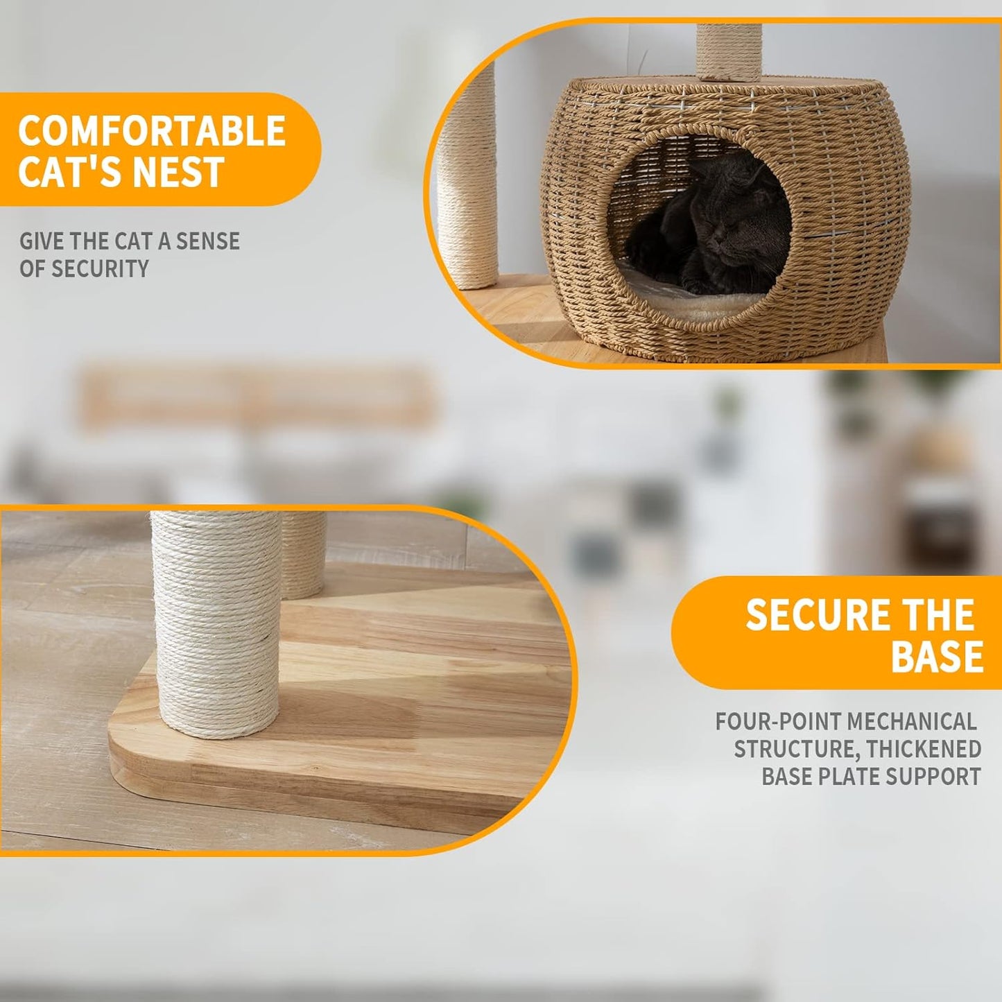 59" Big Modern Cat Tree Tower, Cat Tower Sisal-Covered Scratching Posts for Indoor Cats, Oak Wood Cat Tree for Large Cats, Multi-Level Cat Condo with Space Capsule Nest, Cat Furniture Activity Centre