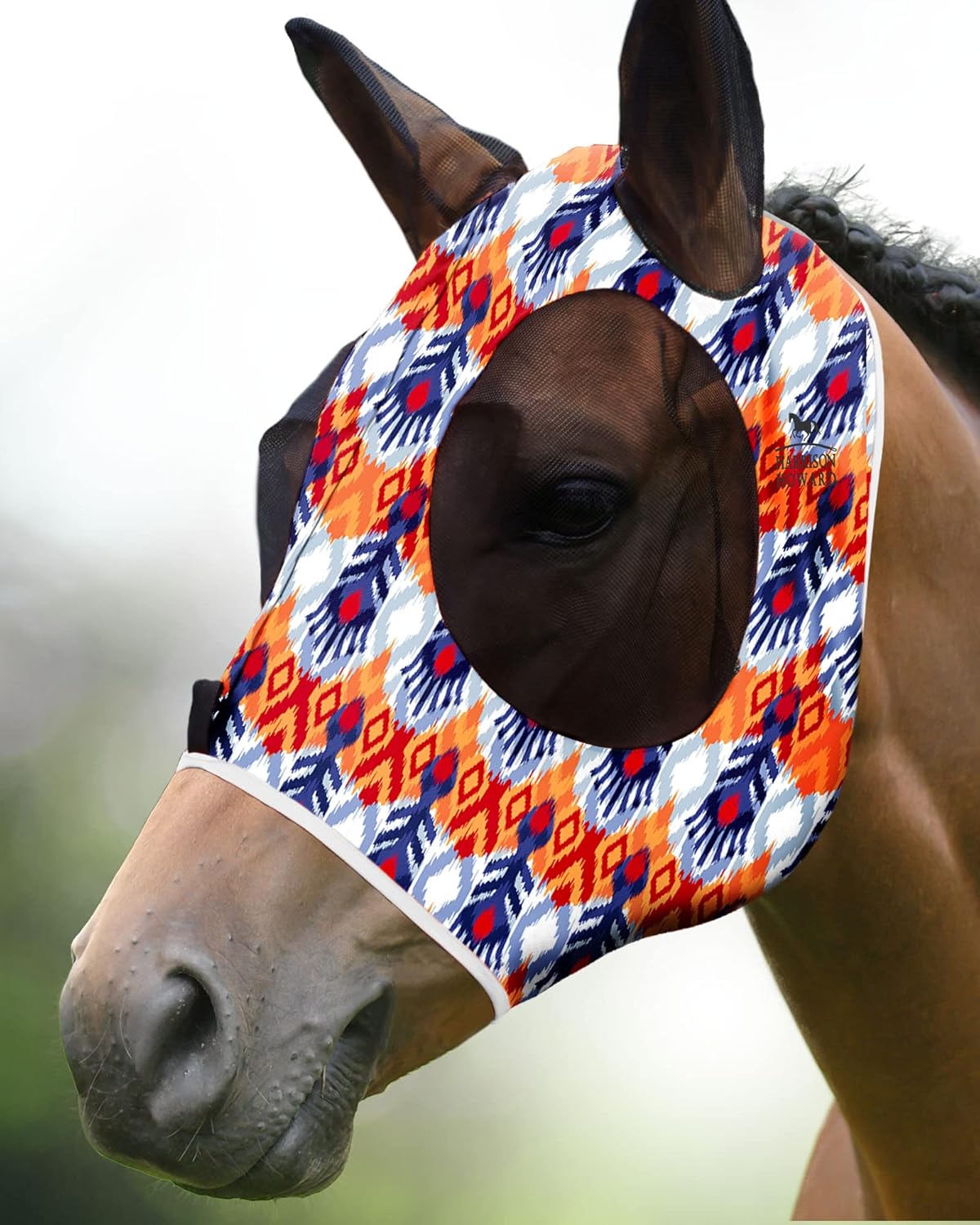 Harrison Howard Super Comfort Stretchy Fitting Horse Fly Mask with UV Protection Soft on Skin with Breathability Tribe Feather Cob (Medium)