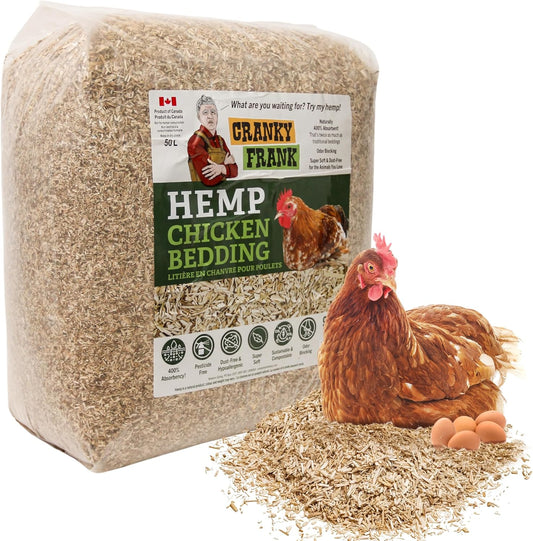 Cranky Frank Chicken Hemp Bedding - 75 Usable Liters, 20 LB - All Natural, Dust-Free, Odor-Controlled Coop Bedding for Chickens and Pets - Super Absorbent, Low Waste & Eco-Friendly