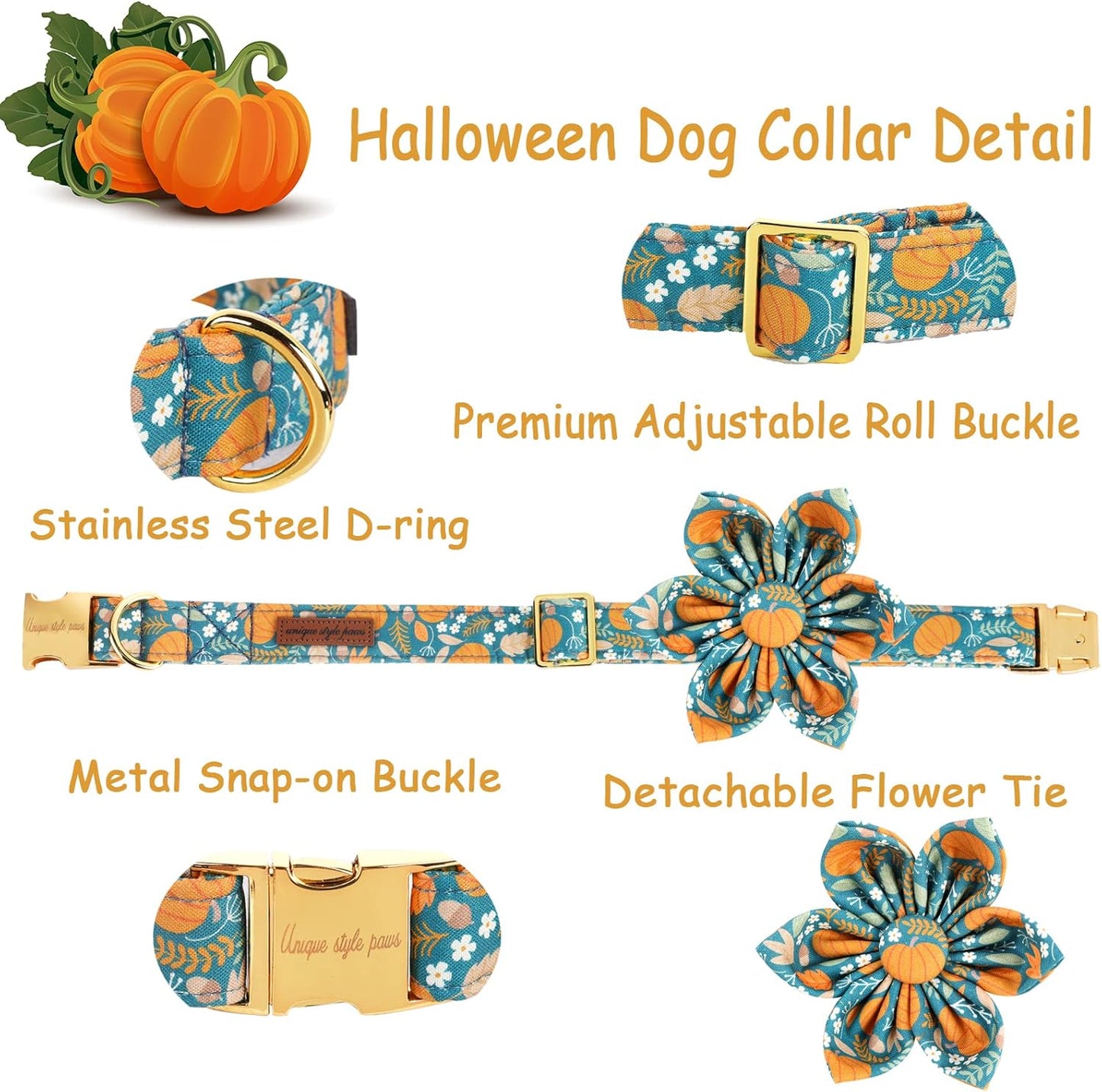 Unique styleUnique Style Paws Halloween Dog Collar with Flower Tie Pumpkin Cotton Collar Adjustable Puppy Collar for Small Medium Large Dogs-XS