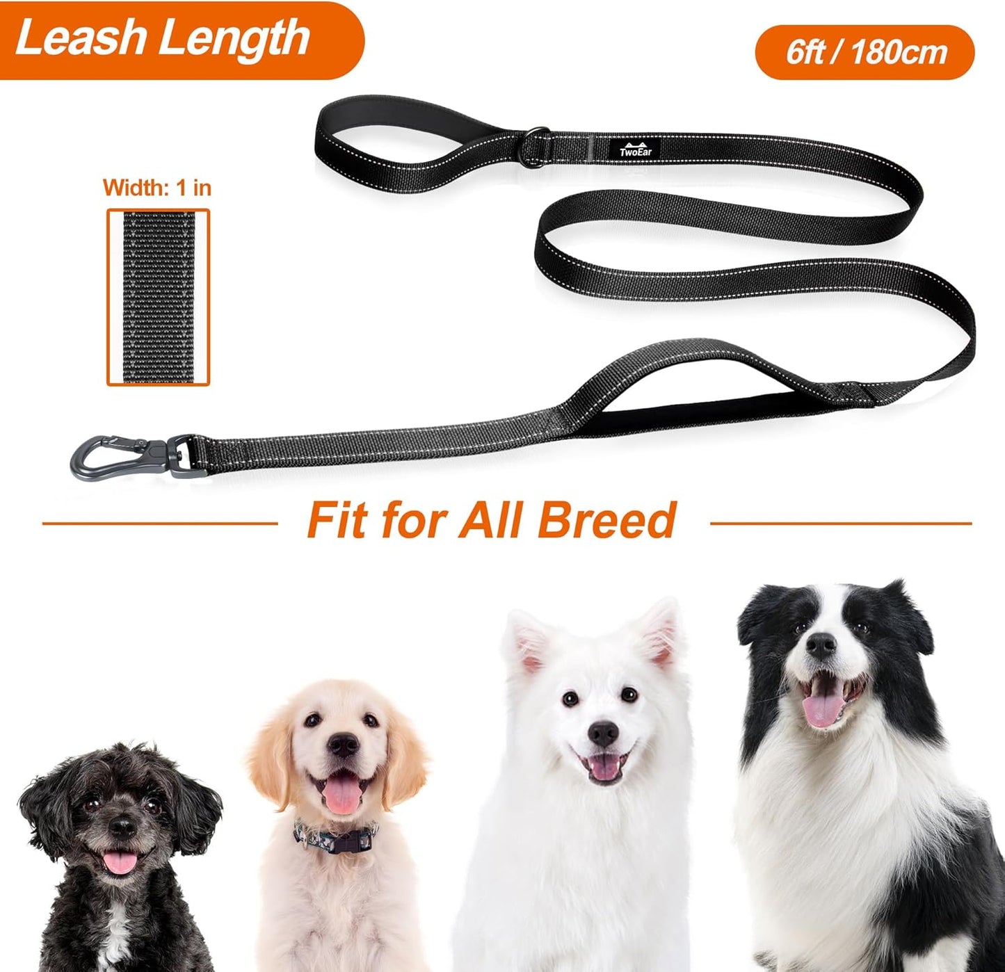 TwoEar 6FT 1IN Strong Black Dog Leash with 2 Padded Handles, Traffic Handle Extra Control, Comfortable Soft Dual Handle, Auto Lock Hook, Reflective Walking Lead for Small Medium and Large Dogs