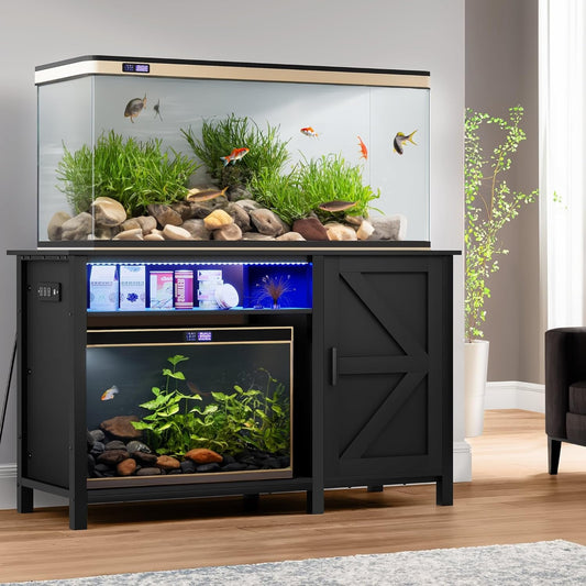 Aquarium Stand for 55-75 Gallon Fish Tanks with RGB Light Strip Black Modern Contemporary Wood