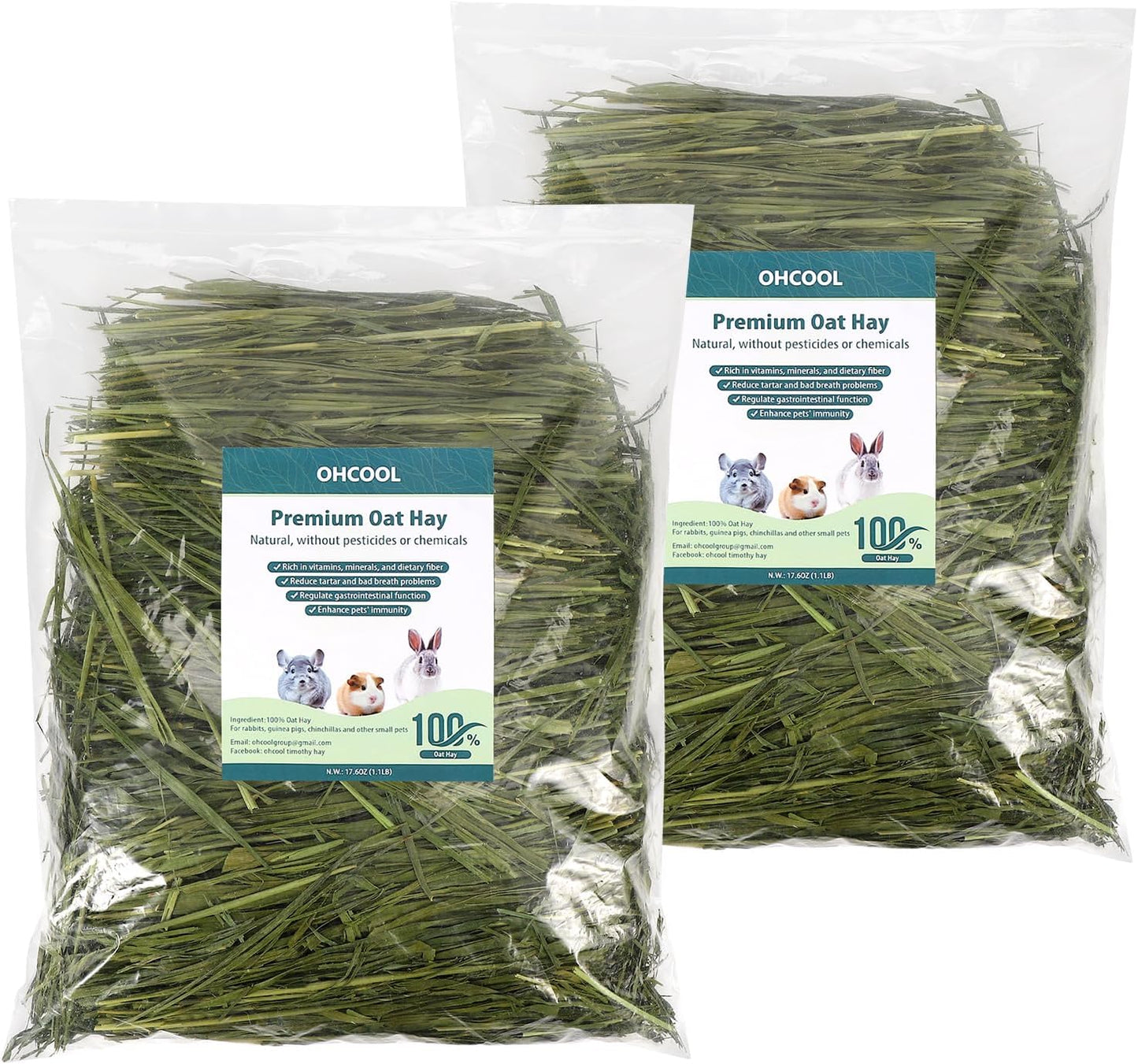 Premium Oat Hay for Pets - Dust Free Natural Green Fresh Pet Food Hay for Rabbits, Guinea Pigs, Chinchillas, Hamsters & Gerbils - 2.2lbs