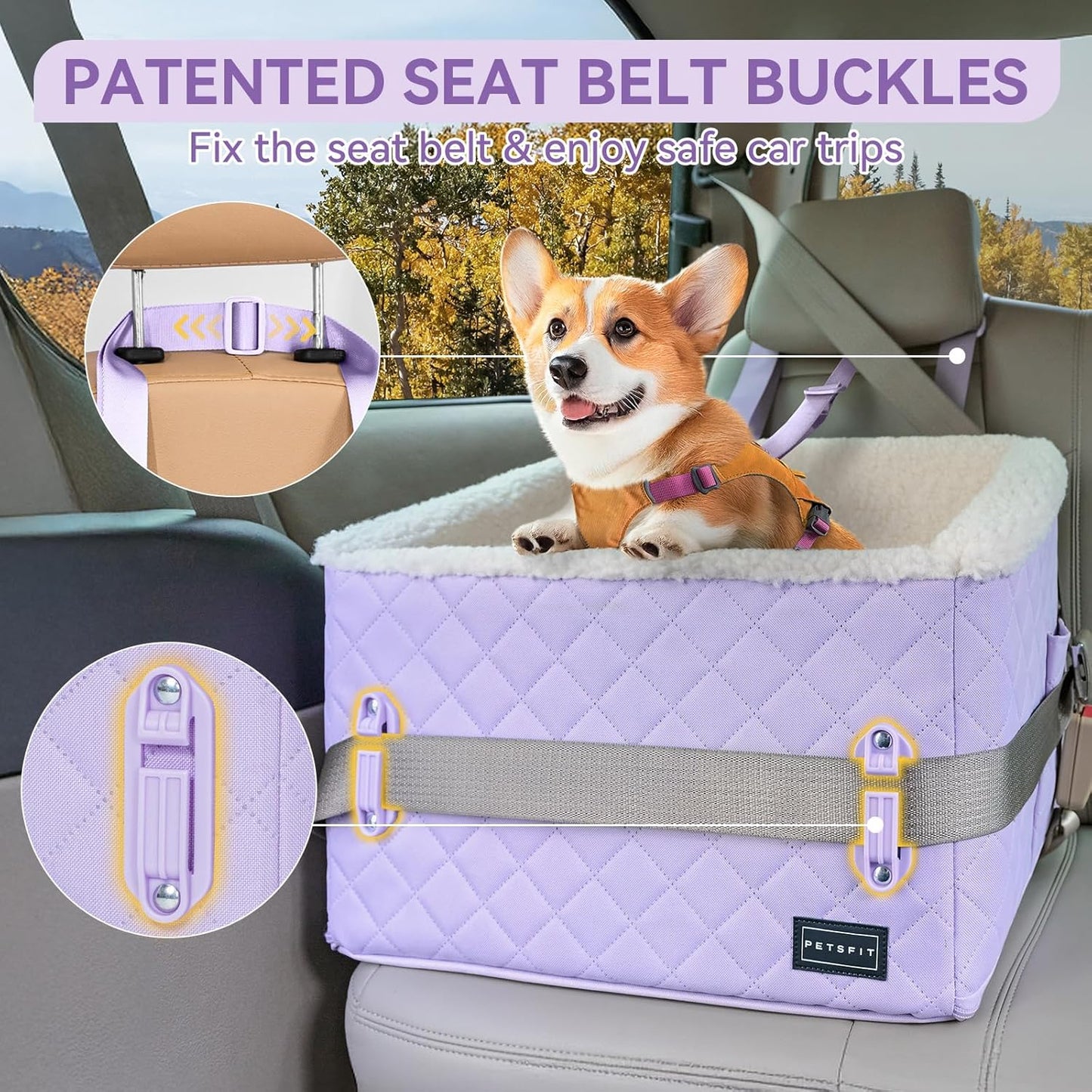 PETSFIT Dog Booster Car Seat, Soft Foam Cat Car Seat with Patented Safety Buckles, Storage Pockets and Detachable Clip-On Safety Leash, Dog Car Seats for Small Dogs Under 30 LBS (Purple)