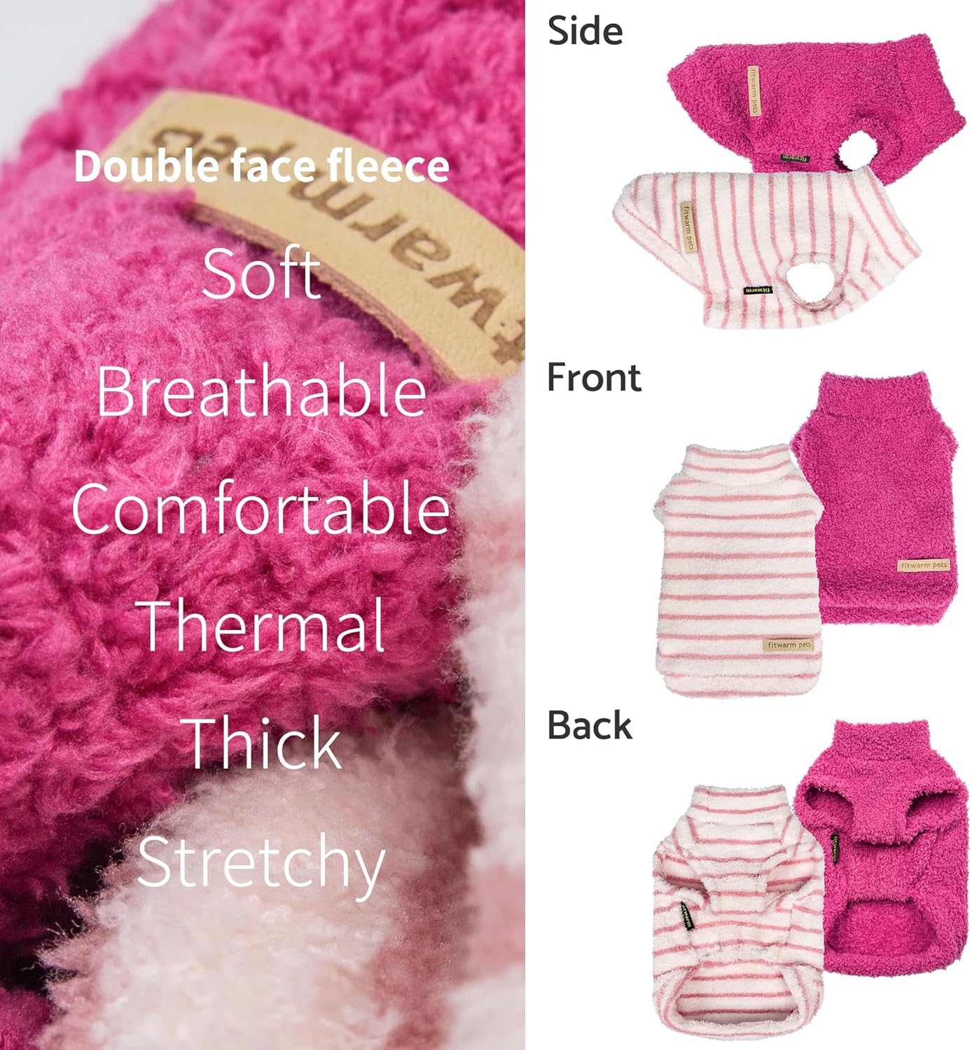 Fitwarm 2 Pack Striped Fleece Dog Sweater, Warm Winter Dog Clothes for Small Dogs Girl, Fuzzy Turtleneck Pet Outfit, Doggy Pullover Jumper, Rose Pink, White, Light Pink, XXL