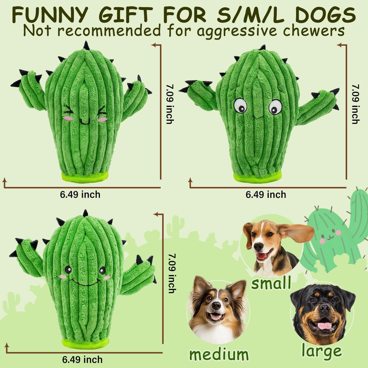 No Stuffing 3 Pack Squeaky Dog Toys- 2 in 1 Interactive Plush Dog Toy- Cactus Shaped Rip and Reveal Toy for Puppies-Indoor & Outdoor Play Training & Toss & Play