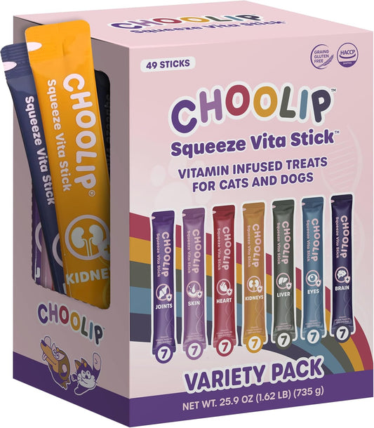 Grab & Go Squeeze Vita Stick Lickable Treats for Dogs & Cats. 49 Variety Support Sticks with Essential multivitamins. Soft and Tasty Paste for All Life Stages