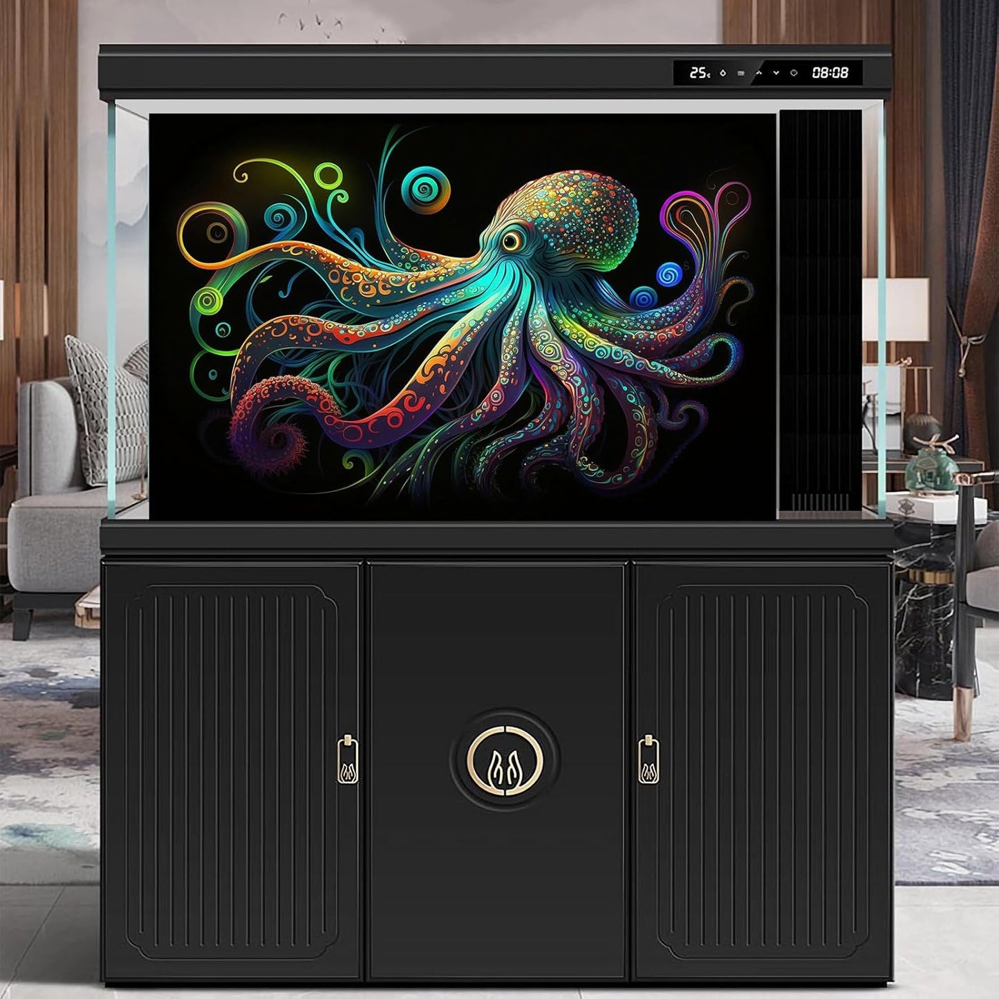 Octopus Aquarium Background Exquisite Colorful Octopus Terrarium Background Glowing Octopus on Black Background Fish Tank Backdrop Octopus Backdrops Poster Wallpaper Decorations Vinyl 36x18in