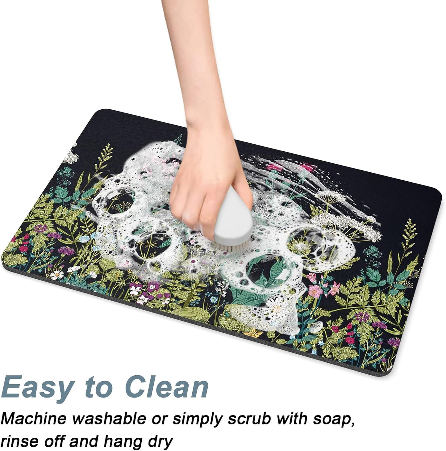 Rnivvi Dog Food Mat, 16" x 24" Flower Absorbent Dog Cat Bowl Mat for Food and Water, Cute Anti-Slip Rubber Pet Feeding Rug Protect Floors, Puppy Placemat for Feeding & Watering Supplies,Black Floral