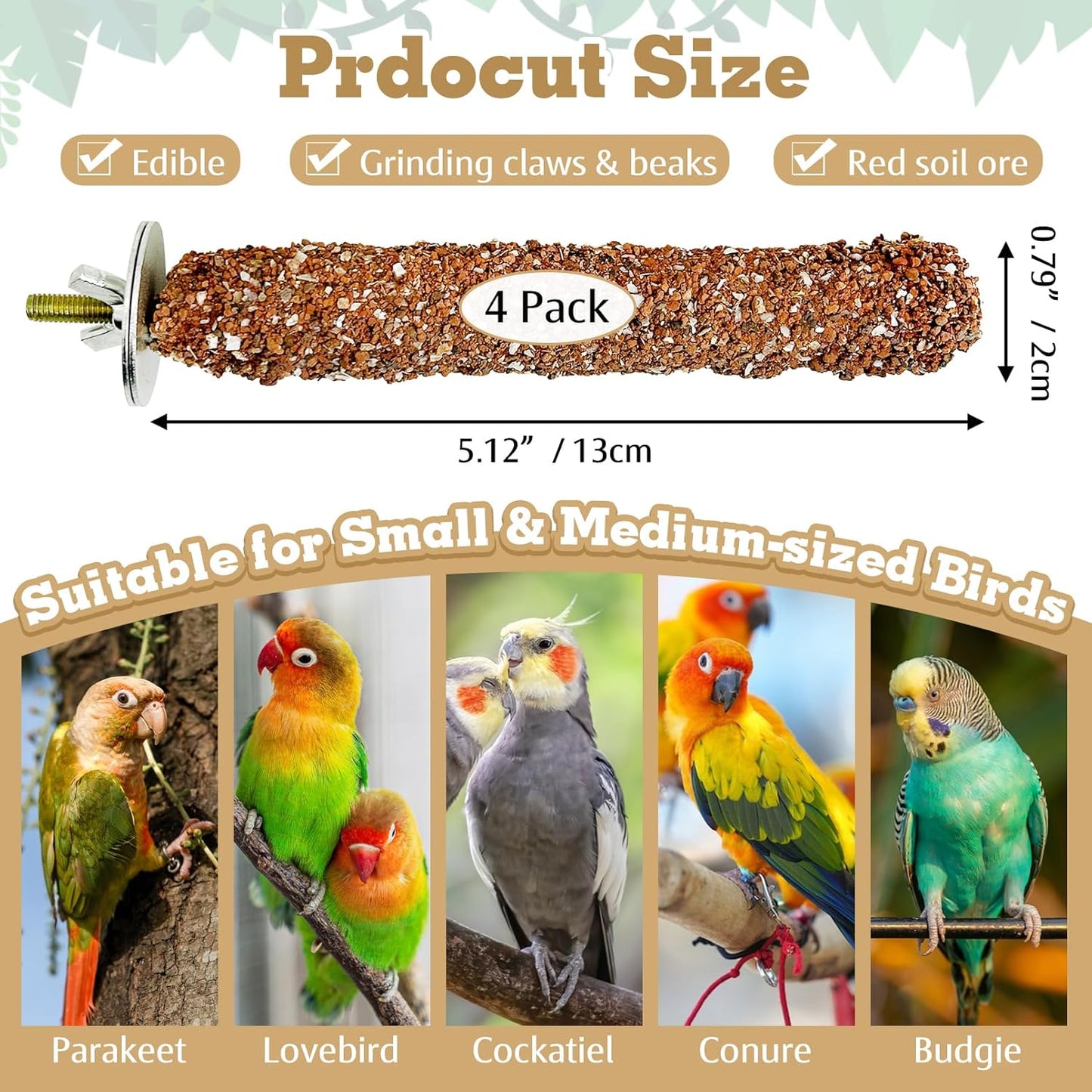 PINVNBY 4 PCS Natural Bird Perches Bird Grinding Stick Calcium Mineral Parrot Perch Stand Foot Claws Trimmer Chew Toy Bird Cage Accessories for Small Medium Budgie Cockatiel Conure Lovebird