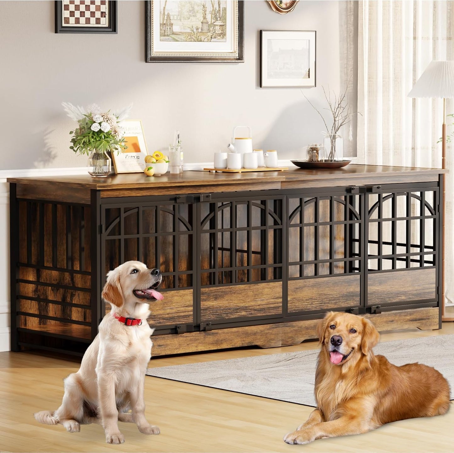 COZPAW 86 Inch Double Dog Crate Furniture for 2 Large Dogs, Decorative Dog Kennel Indoor TV Stand, Heavy Duty Wooden Dog Cage for Large Medium Dogs Sized Dog Pet House with Divider (Brown)