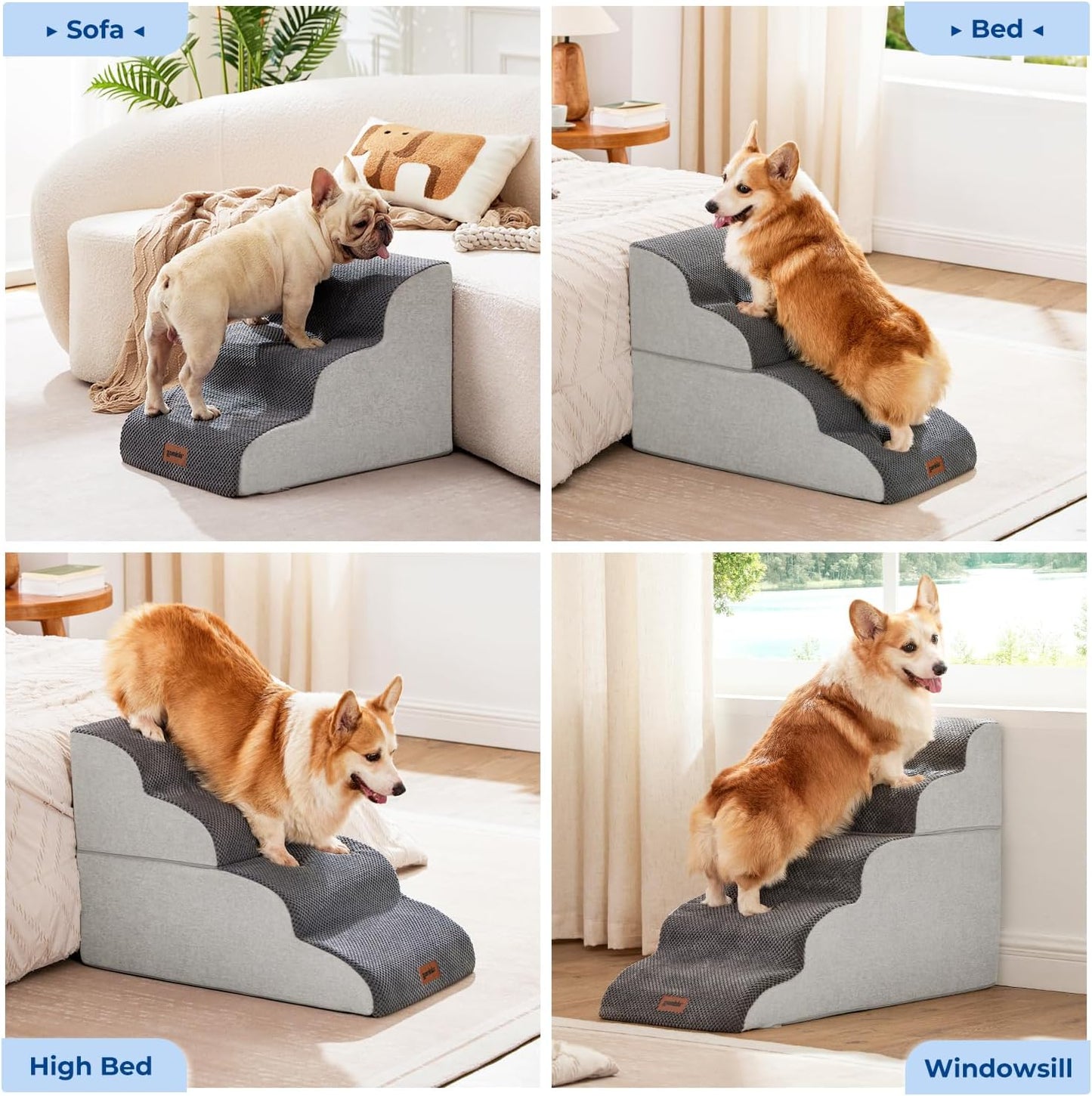 Pet Stairs for Small Dogs 15.7" H - Dog Stairs for Couch and Bed, 35D Foam Dog Steps Ramp with Non-Slip Bottom Grey, 3 Steps