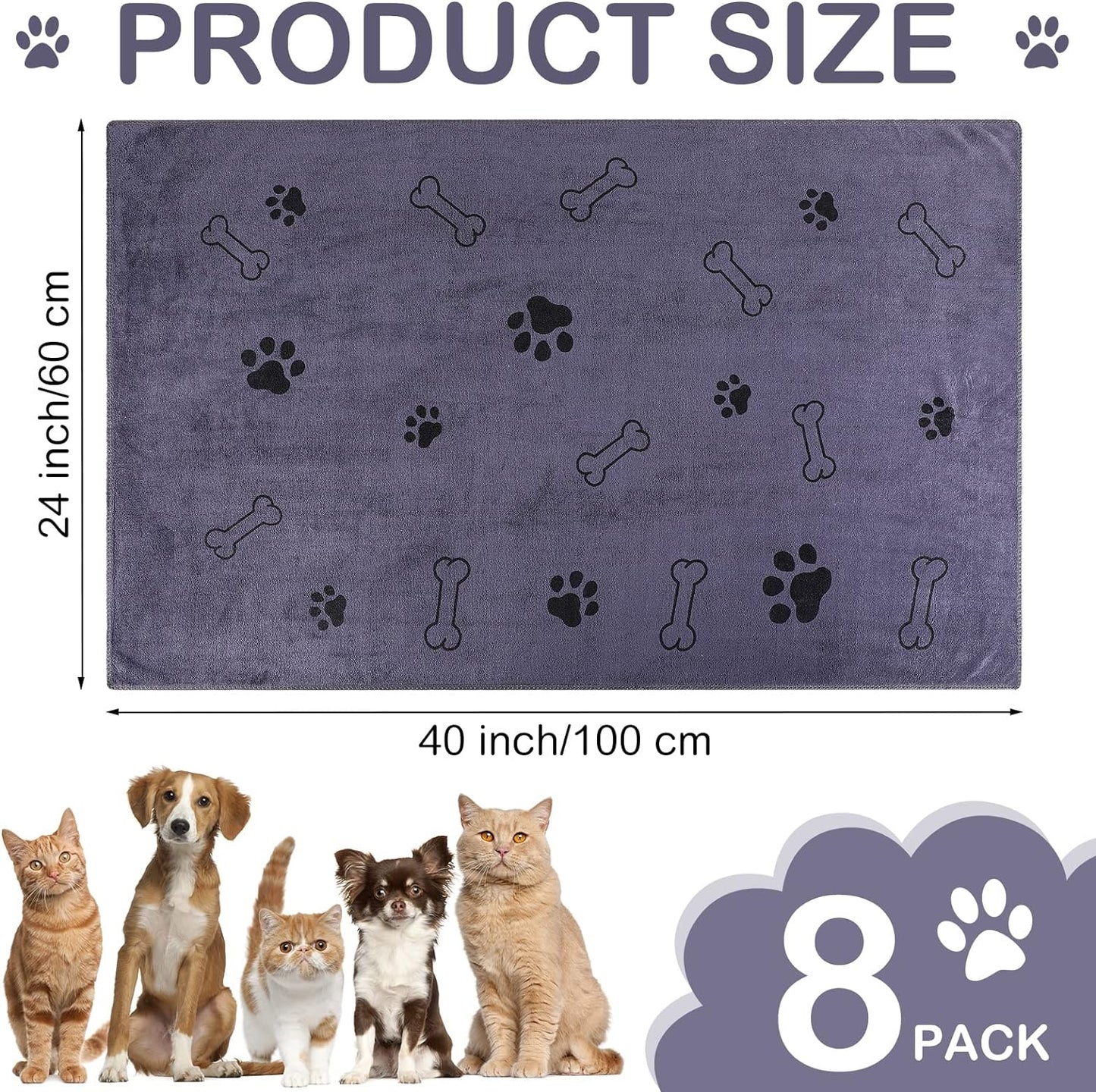 Chumia 8 Pcs Dog Towels for Drying Dogs Cats Pet Towels Bulk Puppy Microfiber Quick Drying Paw Bath Bathing Supplies Absorbent for Medium Pets(Gray,40 x 24 Inch)