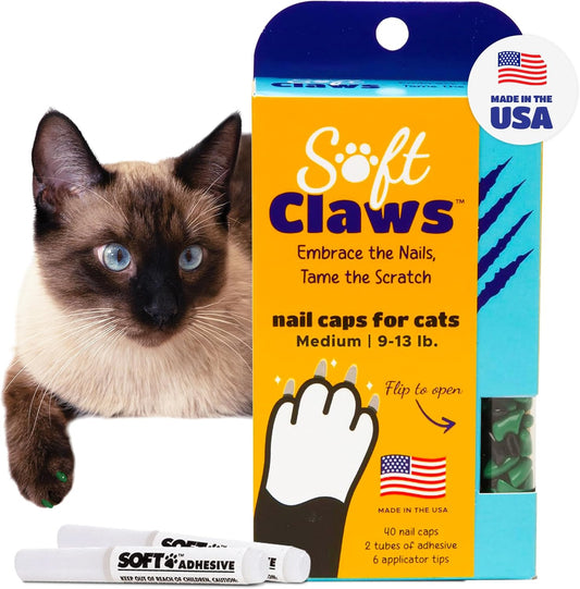 Soft Claws Cat Nail Caps for Medium Cats – (40 Caps, Green & Black) - Made in USA - Veterinarian-Developed | Protects Furniture & Skin - Easy to Apply, Long-Lasting Anti-Scratch Soft Cat Claw Covers