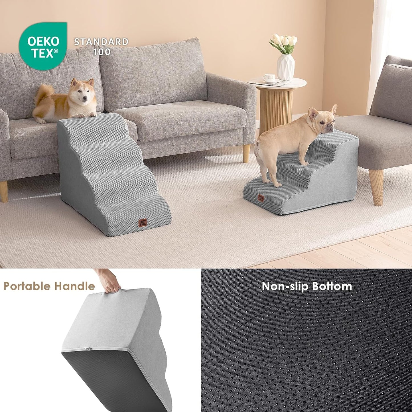 EHEYCIGA Curved Dog Stairs Ramp for Small Dogs 15.7" H, 3-Step Dog Steps for Couch Sofa and Chair, Pet Stairs for Cats, Non-Slip Balanced Pet Steps Indoor, Light Grey