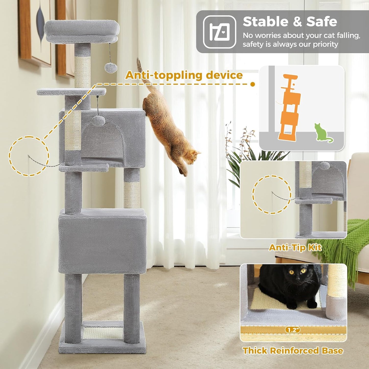 62-Inch Cat Tree for Indoor Cats, Large Cat Tower with Scratching Posts for Large Cats, 2 Bigger Plush Condos, Padded Platform, Soft Cat Bed and Scratching Pad, 2 Pompoms, Gray