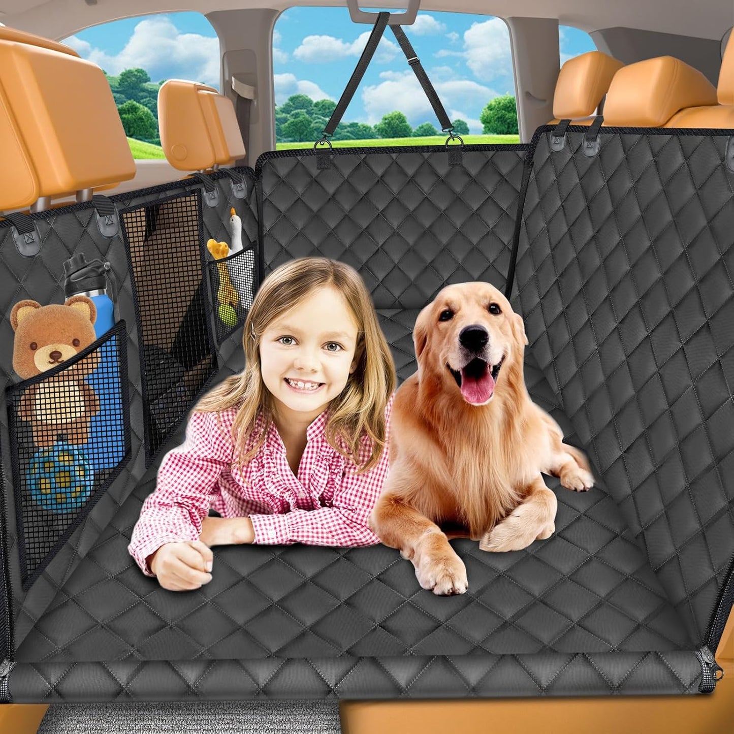 URPOWER Back Seat Extender for Dogs - Hard Bottom Dog Car Seat Cover Holds 420 lbs, Waterproof Dog Hammock Dogs Bed for Cars, SUVs & Small Trucks, Pet Backseat Protector with Mesh Window & Large Space