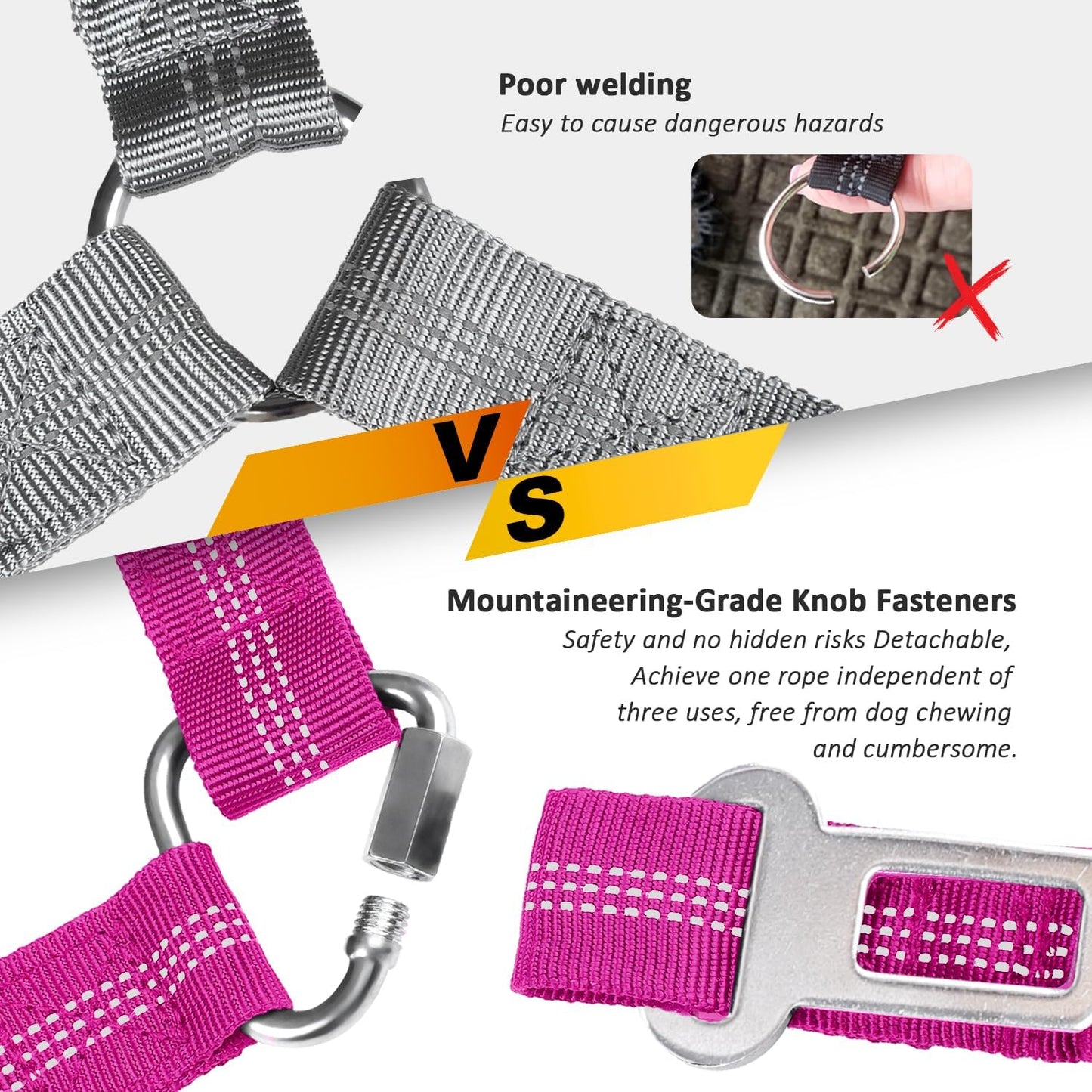 Removable Dog Seat Belt Harness for Car, 3 in 1 Pet Dog Car Seatbelt Leash, Retractable Restraint Secures to Vehicle Headrest & Adjustable Reflective Bungee Dog Seatbelt Tether, Rose