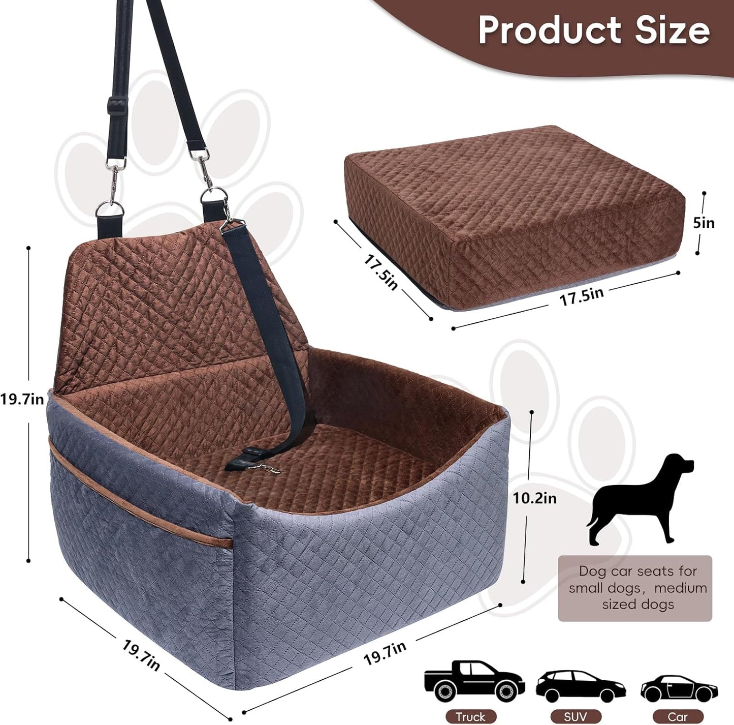 Dog Car Seat for Small Medium Dogs, Soft Fabric Dog Booster Seat with Storage Pockets, Safety Belt, Comfy Pet Car Seat Travel Bed, Removable and Washable