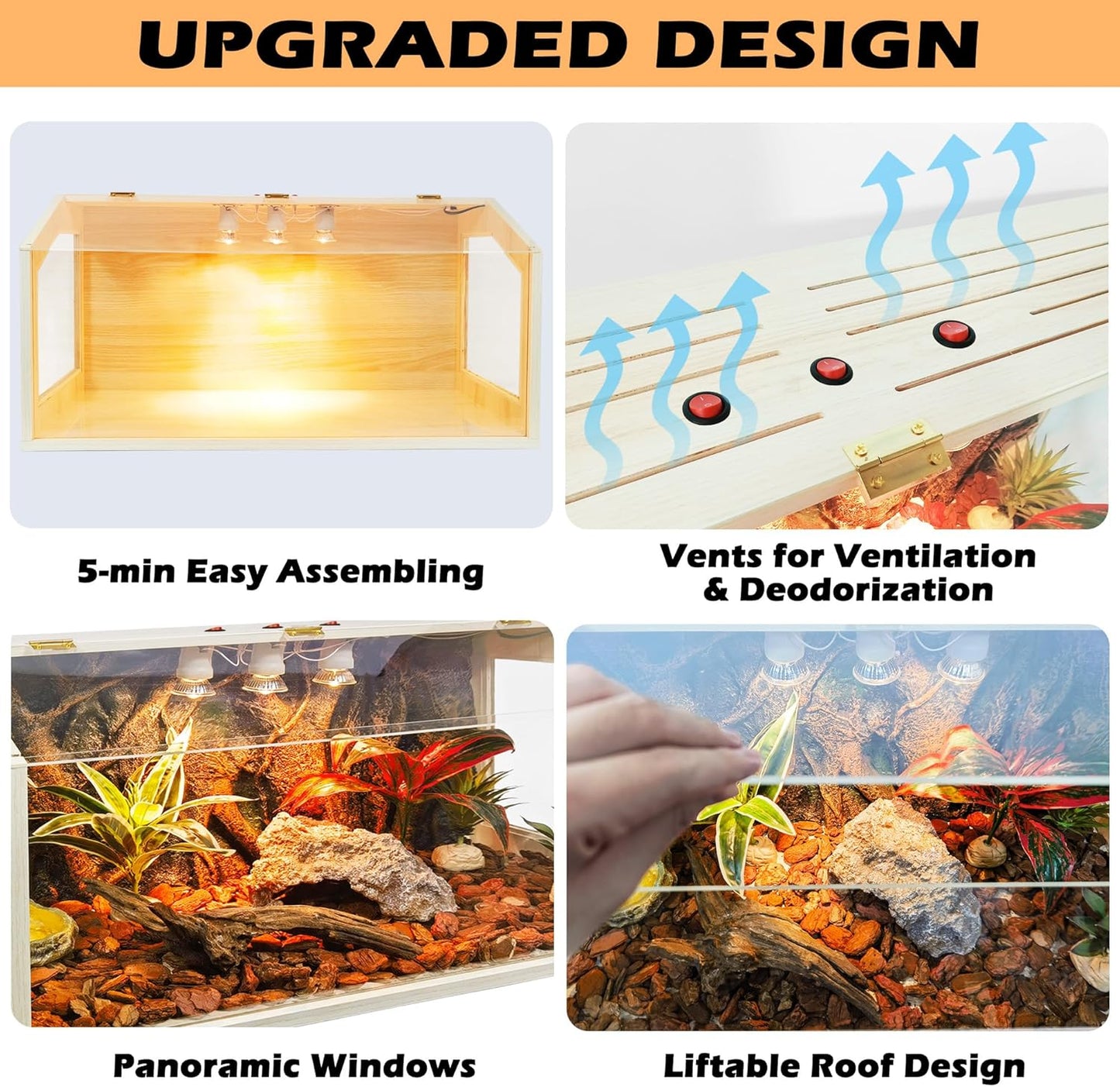 Prolee 68 Gallon Reptile Terrarium Tank Large 48 Inch Lizard Tank Bearded Dragon Tank with Roof Door, Snake Tank with Built-in Lamp Fixture and Switch, Side Windows, 48 Inch