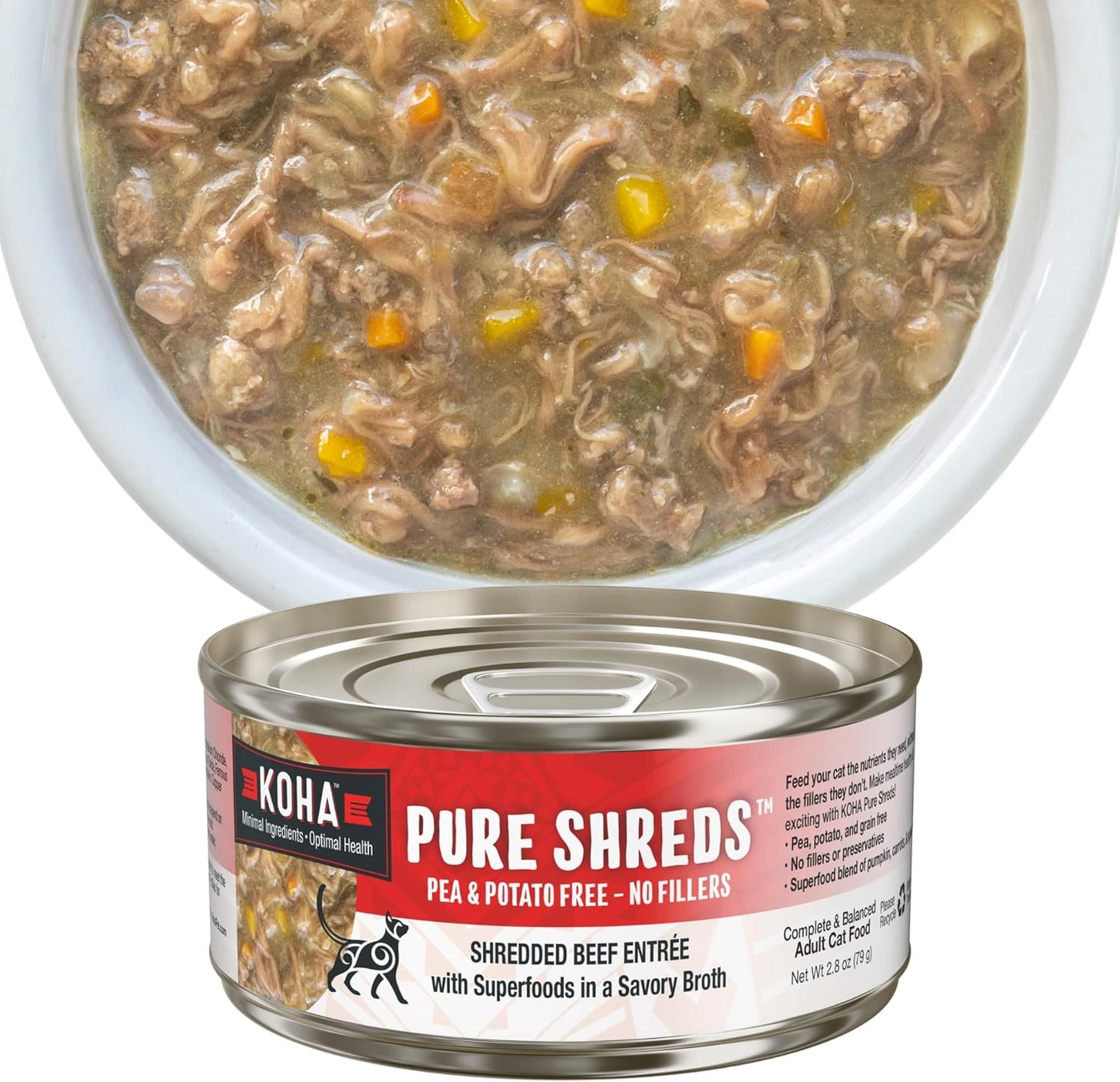 KOHA Pure Shreds Beef Entrée for Cats, Single Meat Wet Cat Food, 2.8oz Cans (Pack of 24)