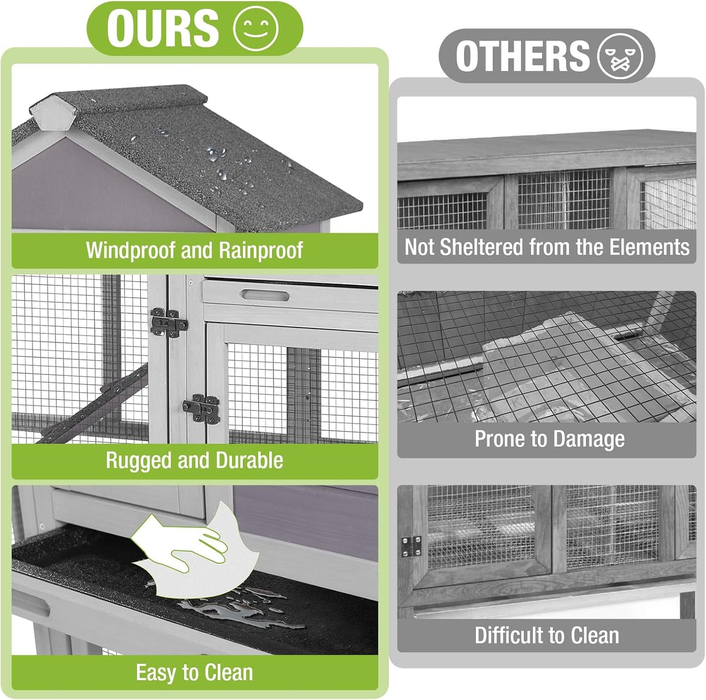 GUTINNEEN Rabbit Hutch Indoor Chicken Coop Outdoor, 51.6''L 2 Story Bunny Cage Weatherproof, Guinea Pig House with Run (Grey)