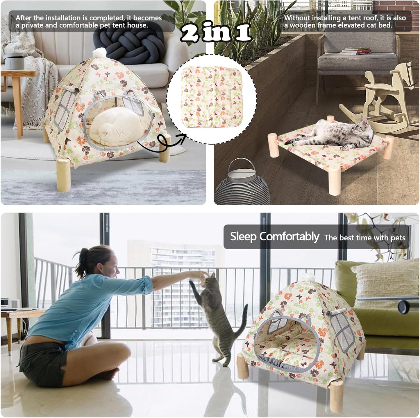 2-in-1 Elevated Cat Tent Cat House, Quick Assembly and Disassembly, Portable Indoor/Outdoor Cute Cat Bed Cave-Butterfly and Flower
