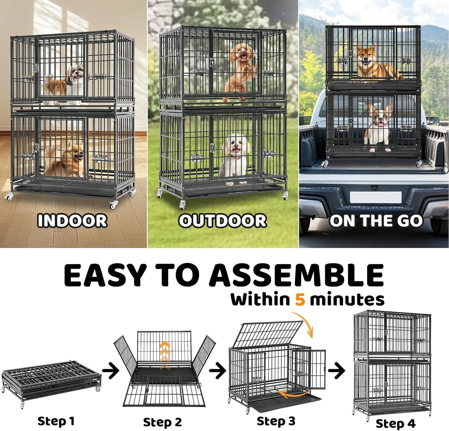 Homey Pet 37 Inch Stackable Heavy Duty Dog Crate Cage Kennel with Feeding Bowls, Lockable Wheels and Removable Tray, Escape Proof Wire Drop Dog Crates for Medium Dogs (Two Tiers)