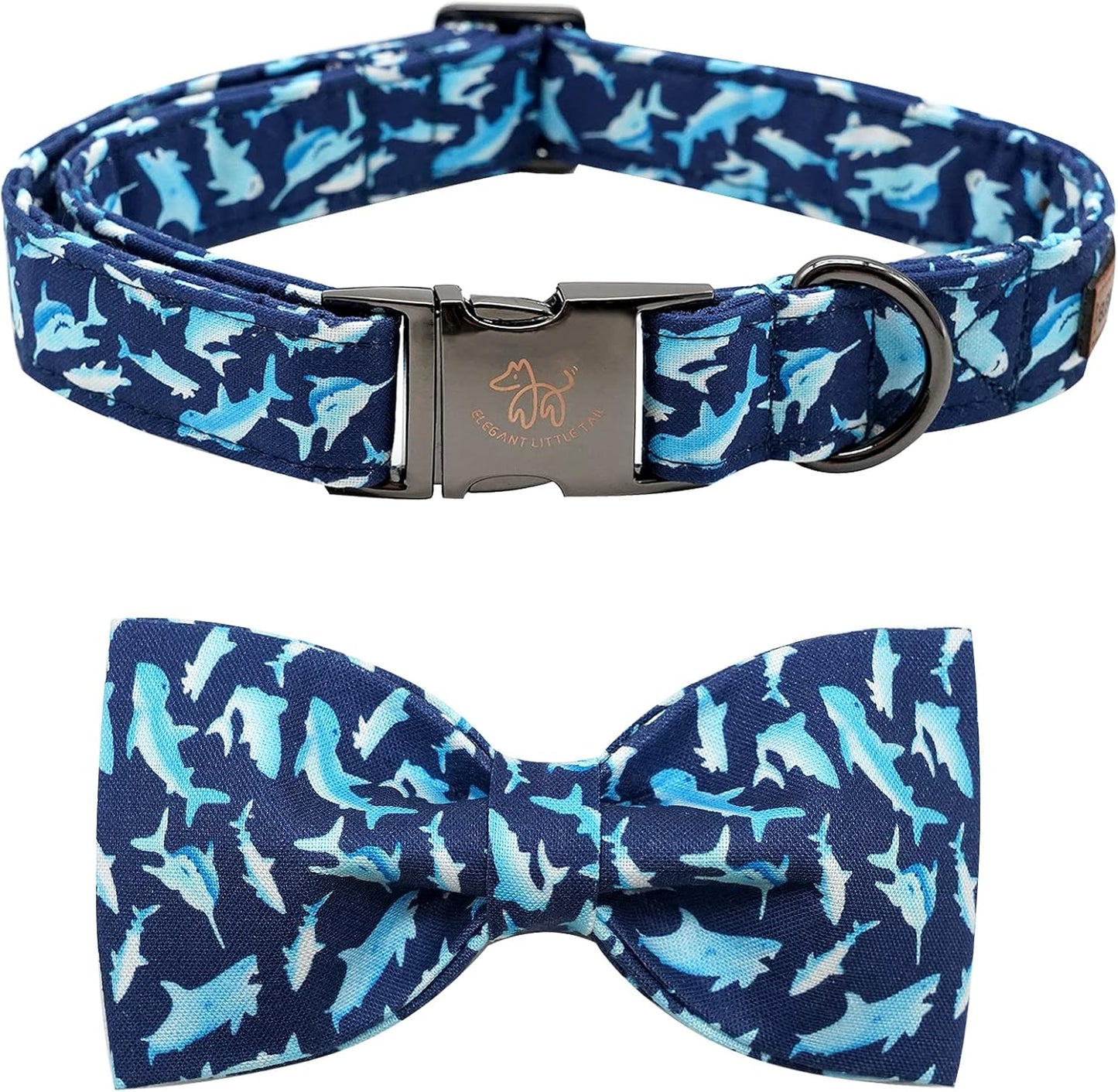 Elegant Little Tail Bowtie Dog Collar - Shark Print, Adjustable for Small Dogs