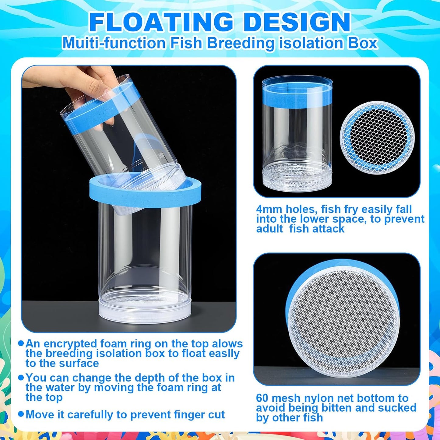 2 Pcs Breeder Box for Fish Tank Aquarium Breeder Separation Net Breeding Box with Suction Cup for Small Fish Shrimp Clownfish Guppy(Blue,L)