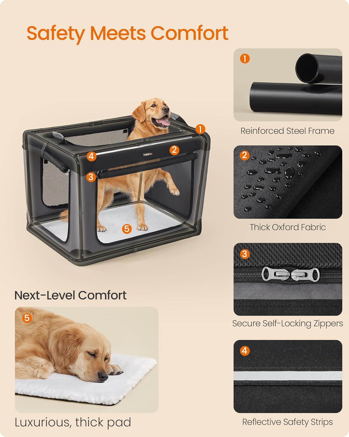 Feandrea Collapsible Dog Crate, 36-Inch Portable Dog Travel Crate for Large Dogs, Oxford Fabric Pet Carrier with 4 Mesh Doors, Handles, Storage Pocket, Water Bottle Holder, Ink Black UPDC019B01