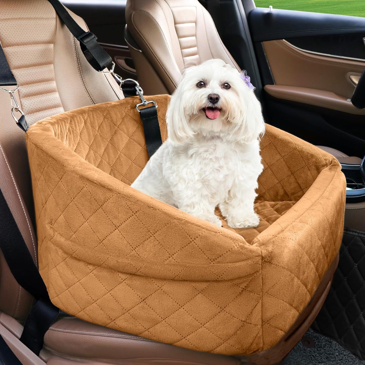 Dog Car Seat for Small Medium Dogs,Detachable Washable Dog Booster Seat Under 30lbs,Pet Car Seat Travel Bed with Storage Pockets and Dog Safety Belt（Brown